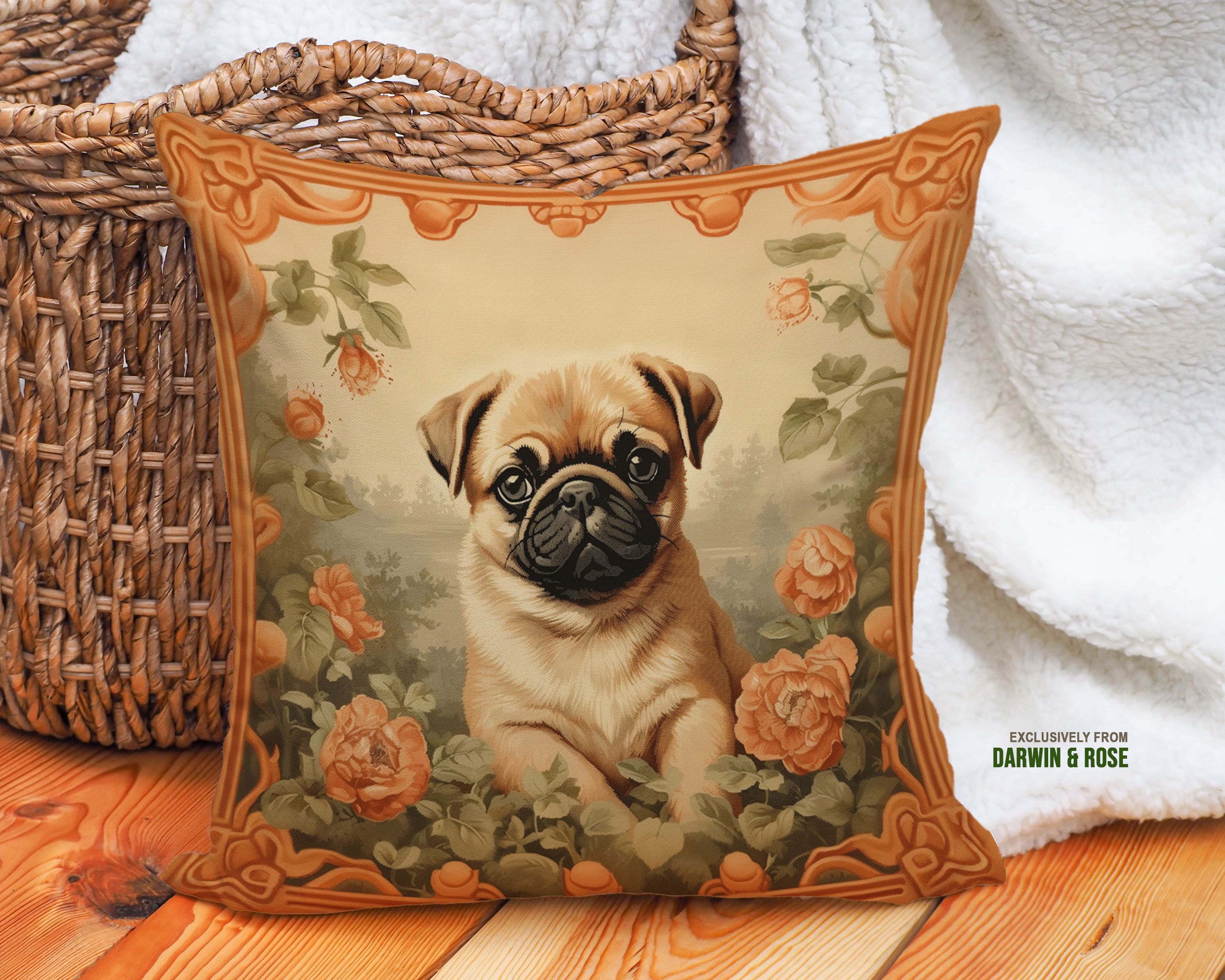 Vintage Floral Pug Throw Pillow - Rustic Farmhouse Dog Lover Decor