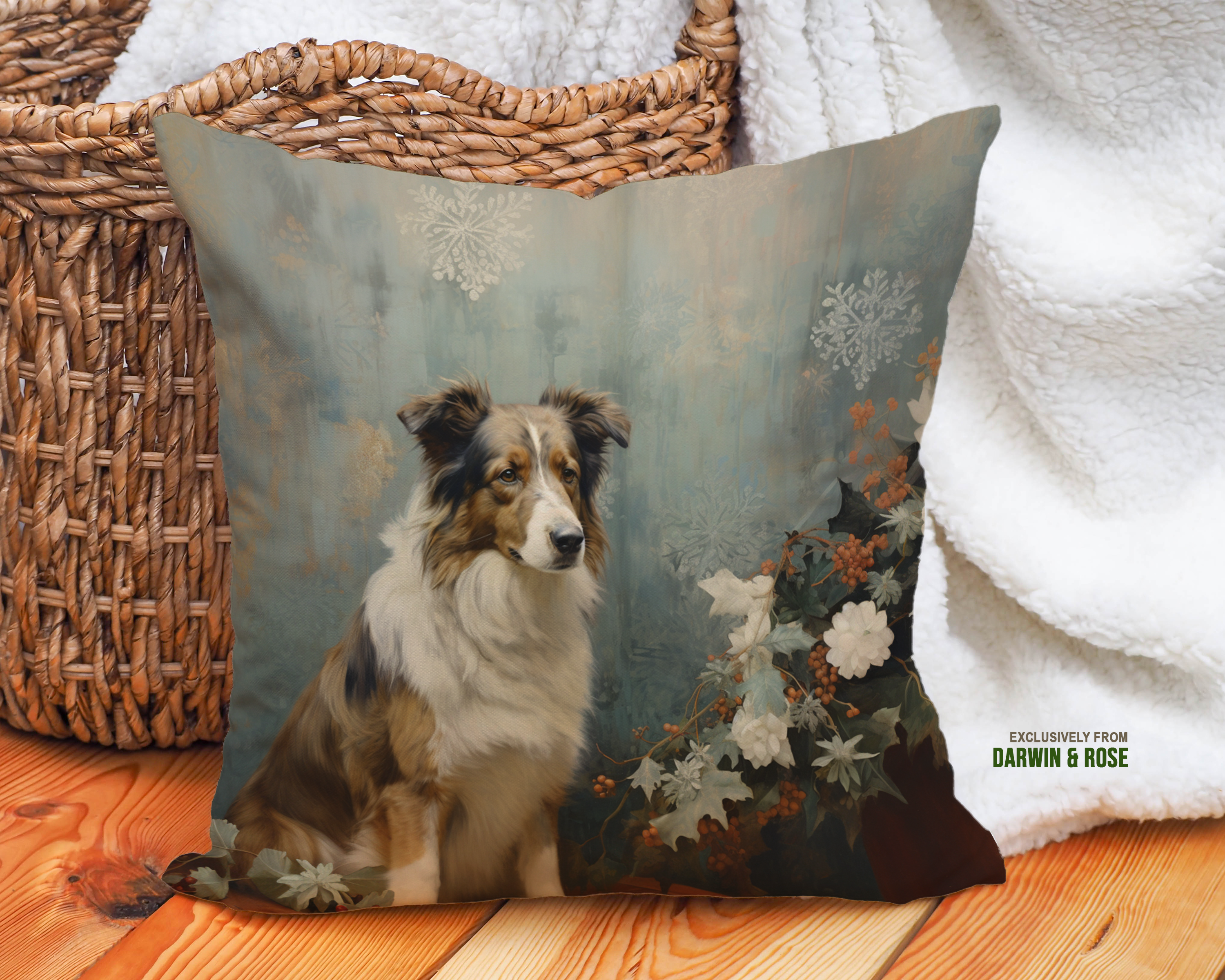 Festive Snowy Australian Shepherd Throw Pillow – Rustic Winter Charm