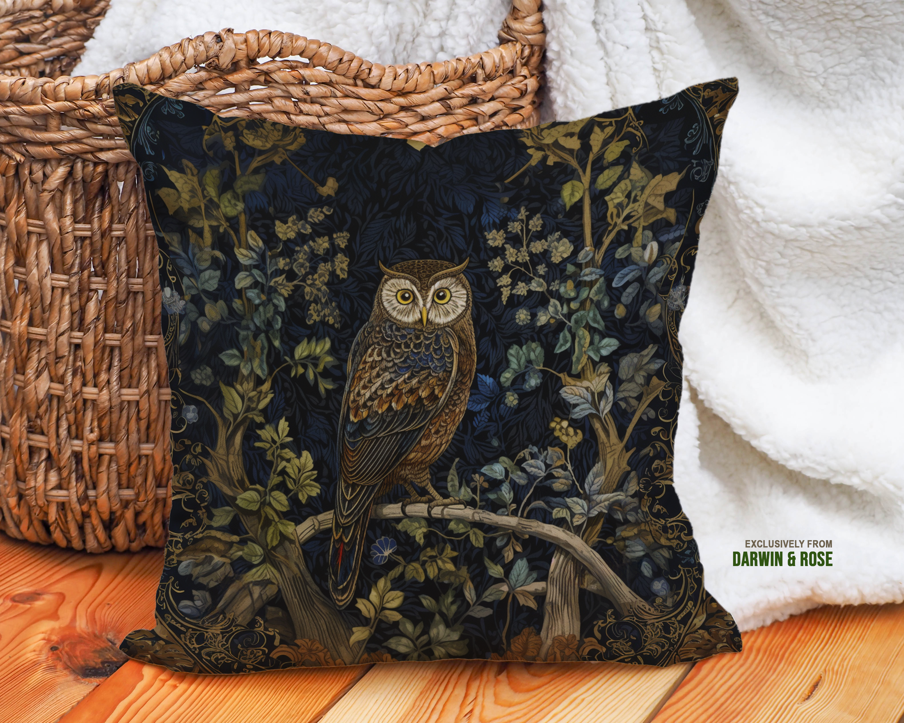 Elegant Nocturnal Owl Throw Pillow – Vintage Boho Woodland Decor
