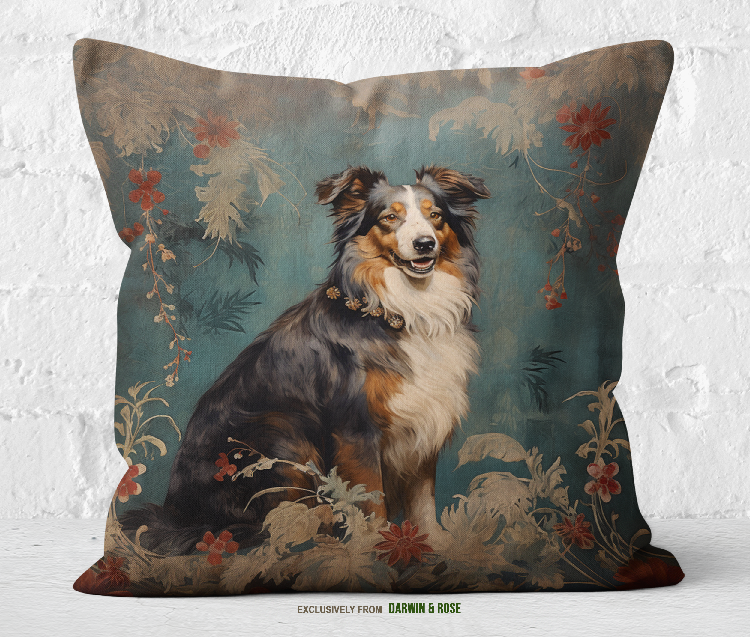 Elegant Australian Shepherd Floral Throw Pillow – Vintage Boho Style