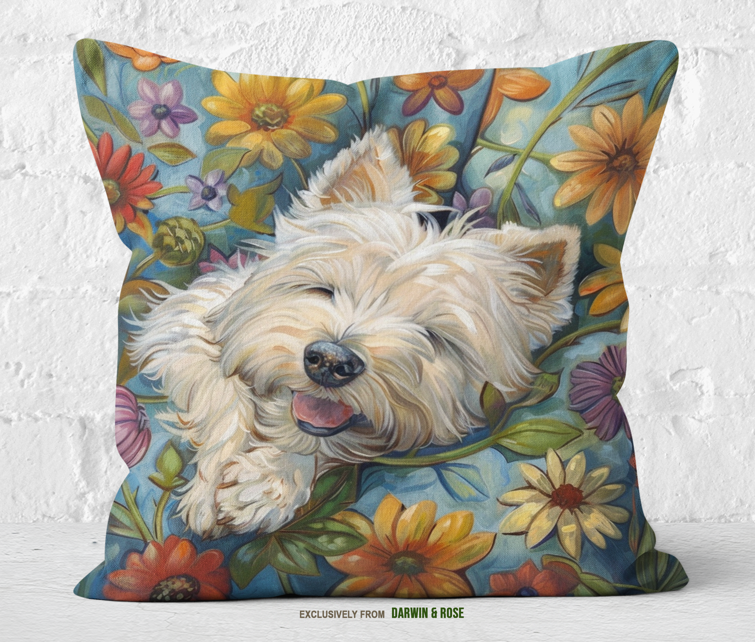 Westie Bliss Floral Throw Pillow – Modern Cottage Decor with West Highland White Terrier