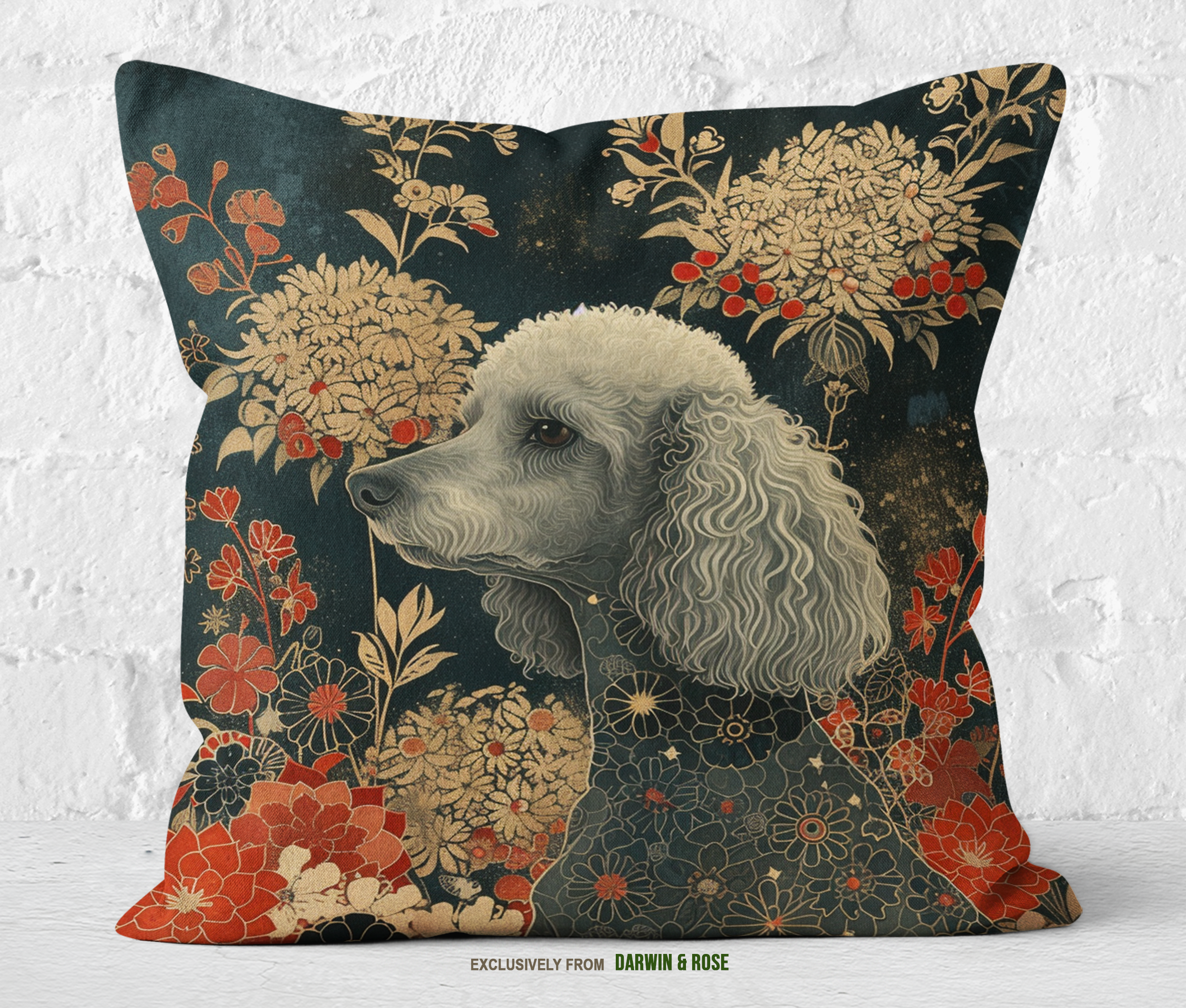 Elegant Poodle Bloom Throw Pillow – Vintage Floral Design