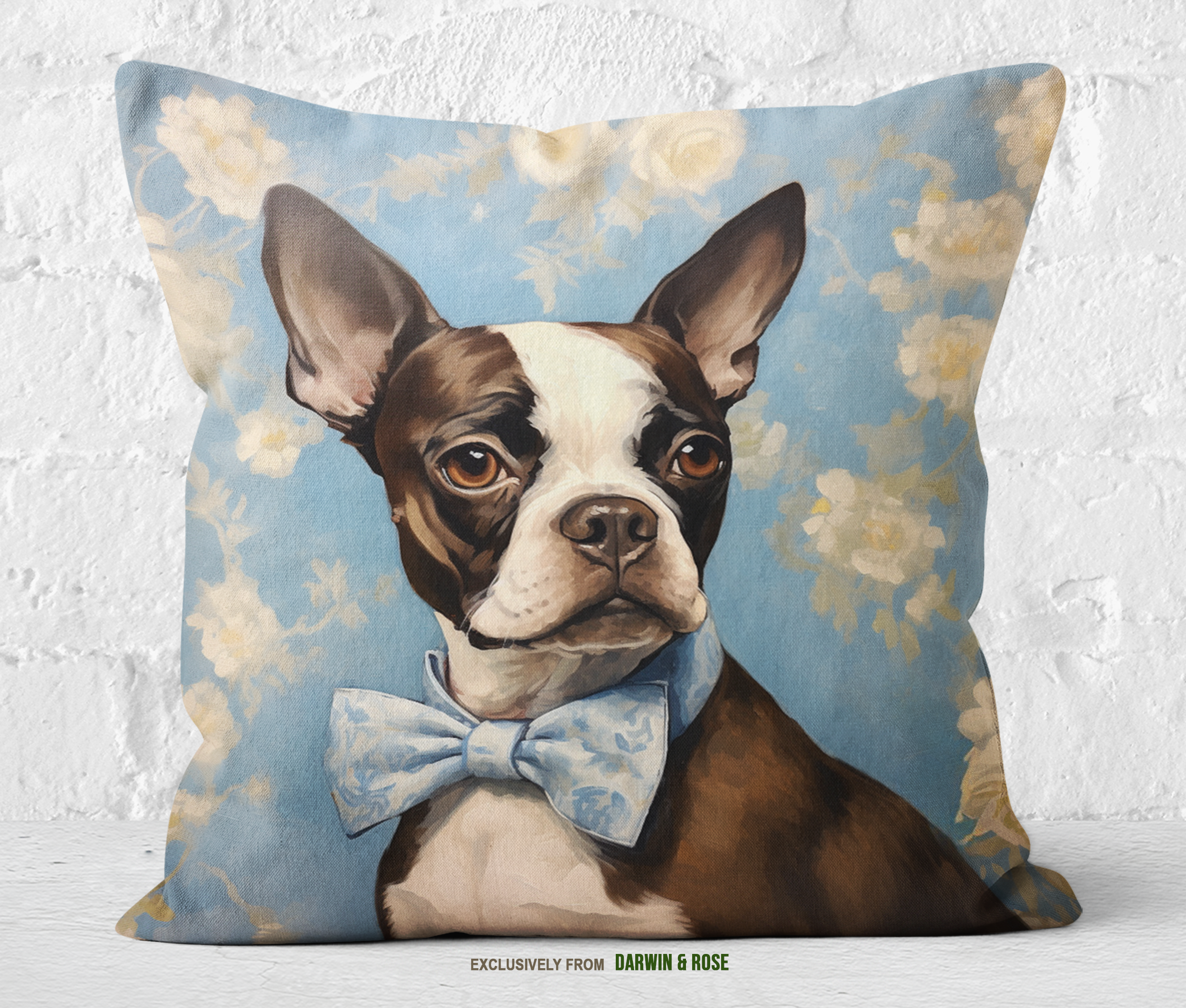 Brown Boston Terrier Throw Pillow – Vintage Floral Elegance for Dog Lovers