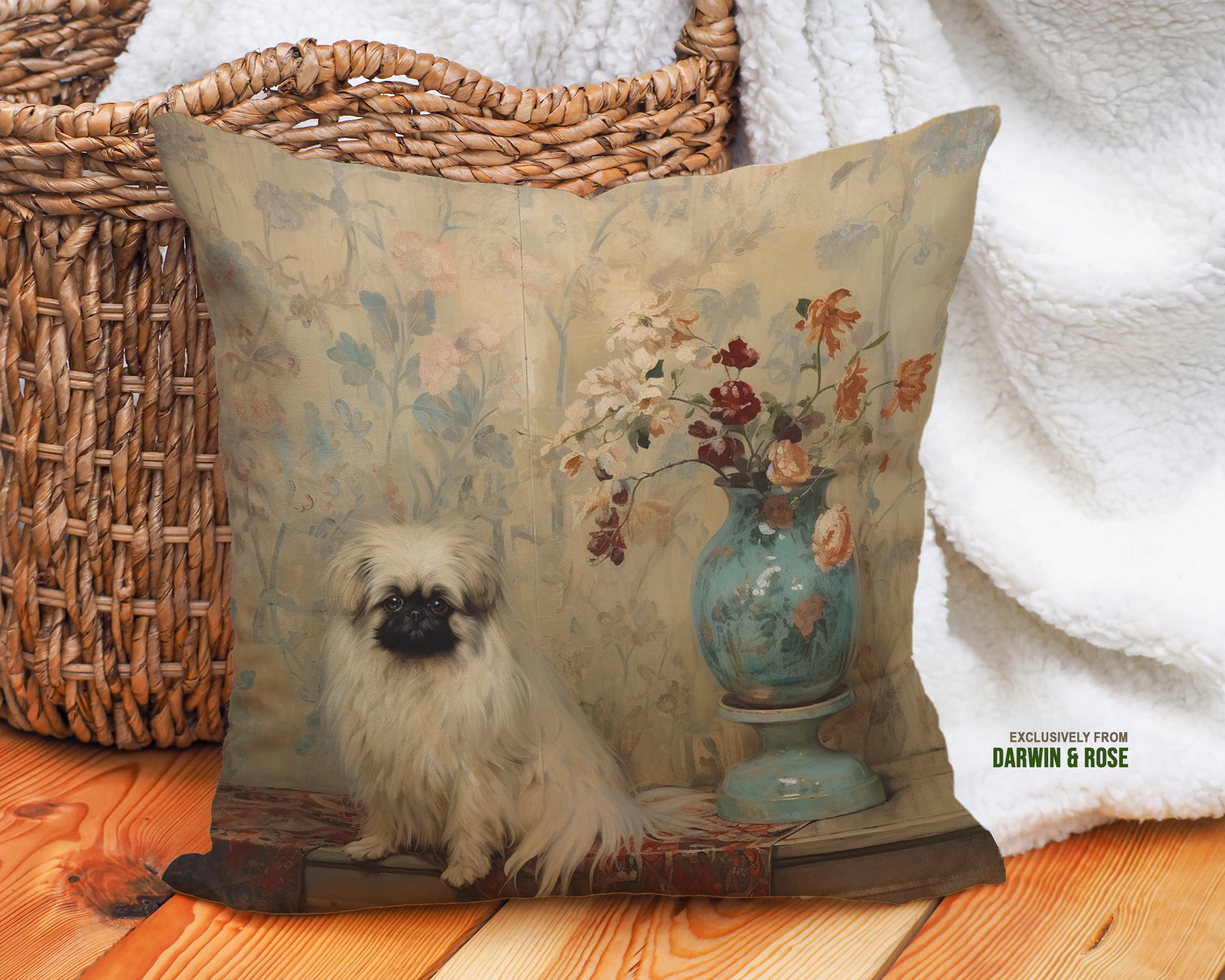 Elegant Vintage Pekingese Dog Throw Pillow – Classic Boho Floral Decor