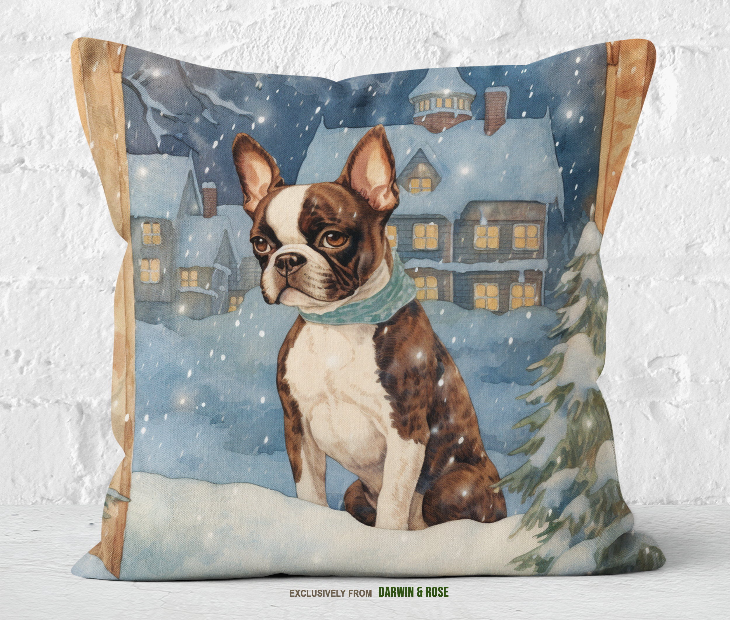 Boston Terrier Winter Wonderland Throw Pillow
