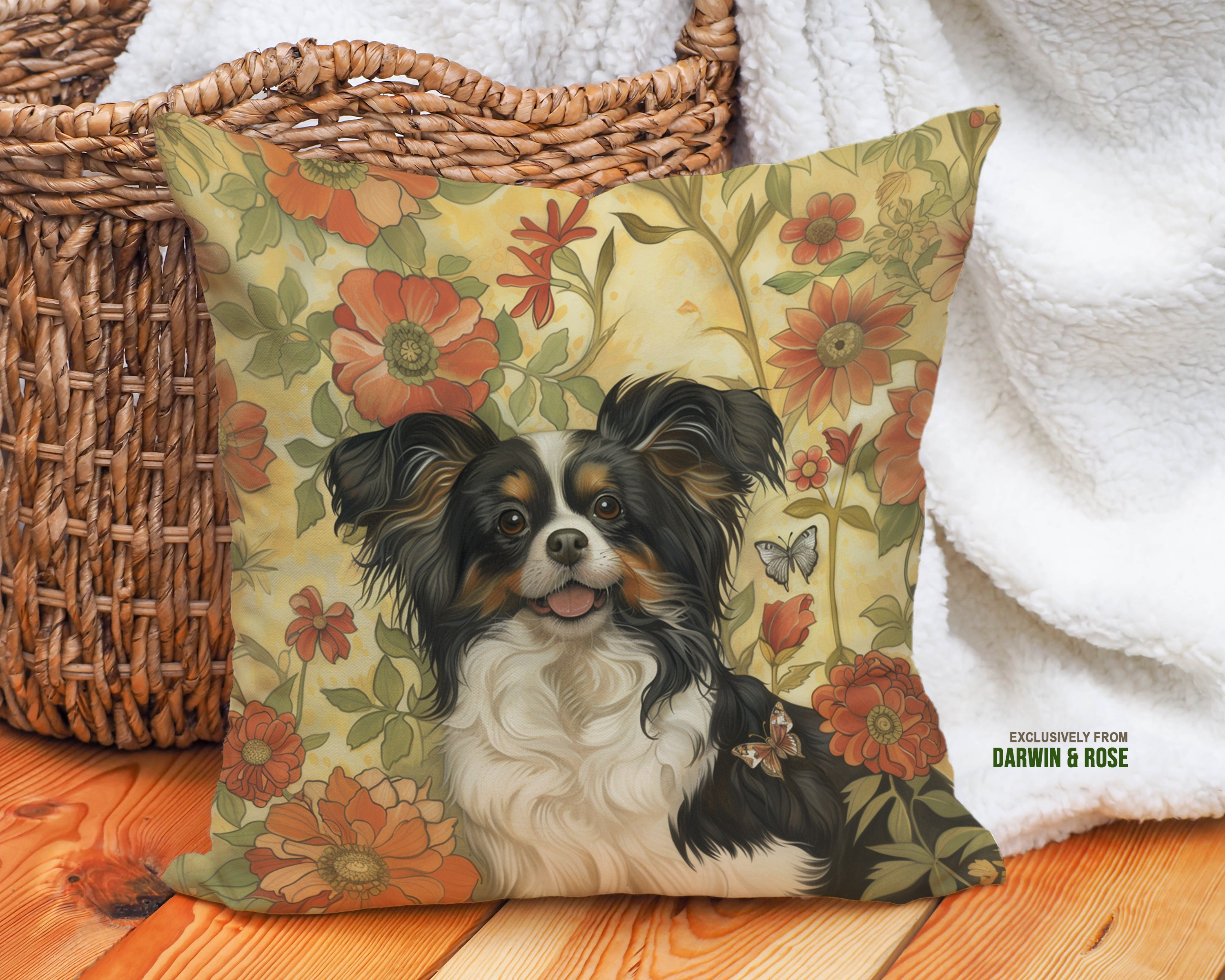 Papillon Dog Floral Charm Throw Pillow - Vintage Boho Style