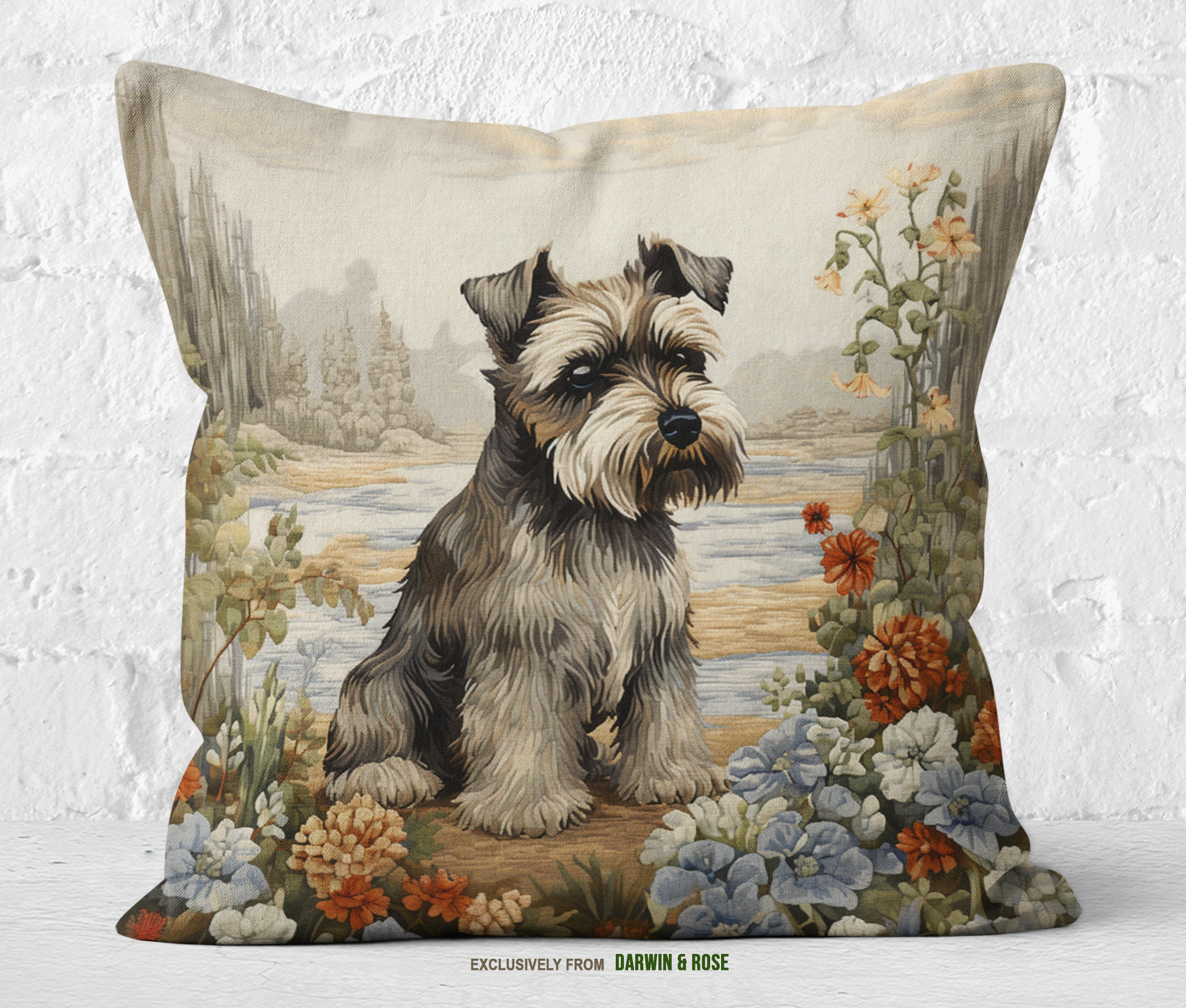 Miniature Schnauzer Floral Meadow Throw Pillow | Rustic Charm Home Décor