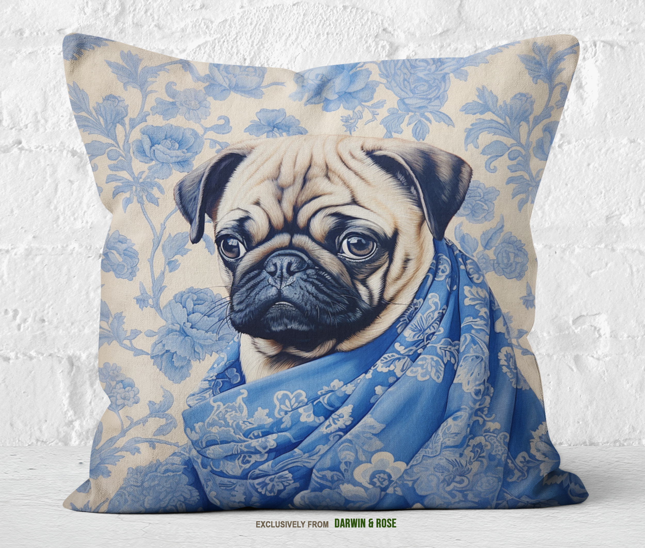 Pug-Inspired Floral Elegance Throw Pillow – Modern Vintage Style