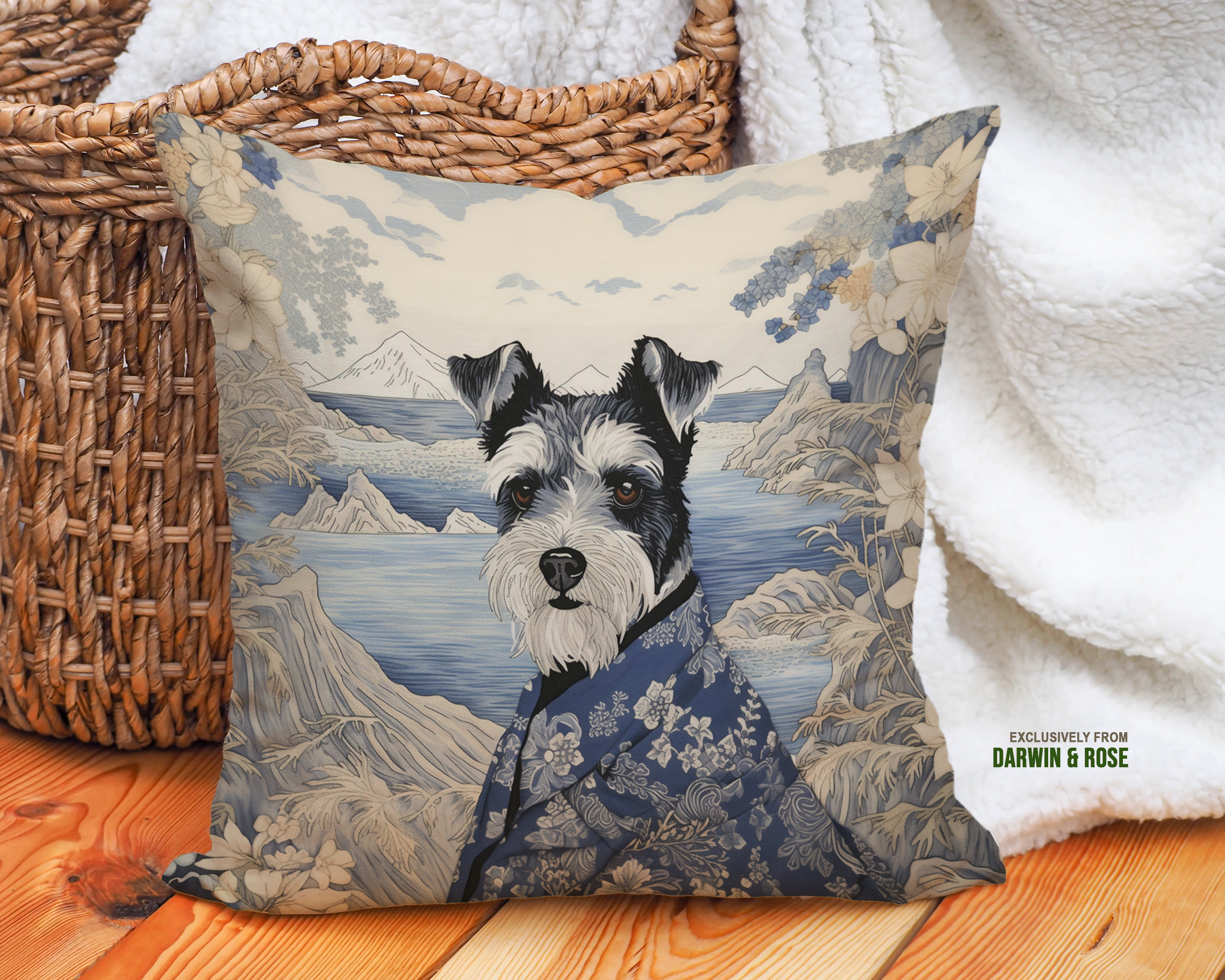 Miniature Schnauzer Boho-Chic Throw Pillow – Blue Floral Landscape Design