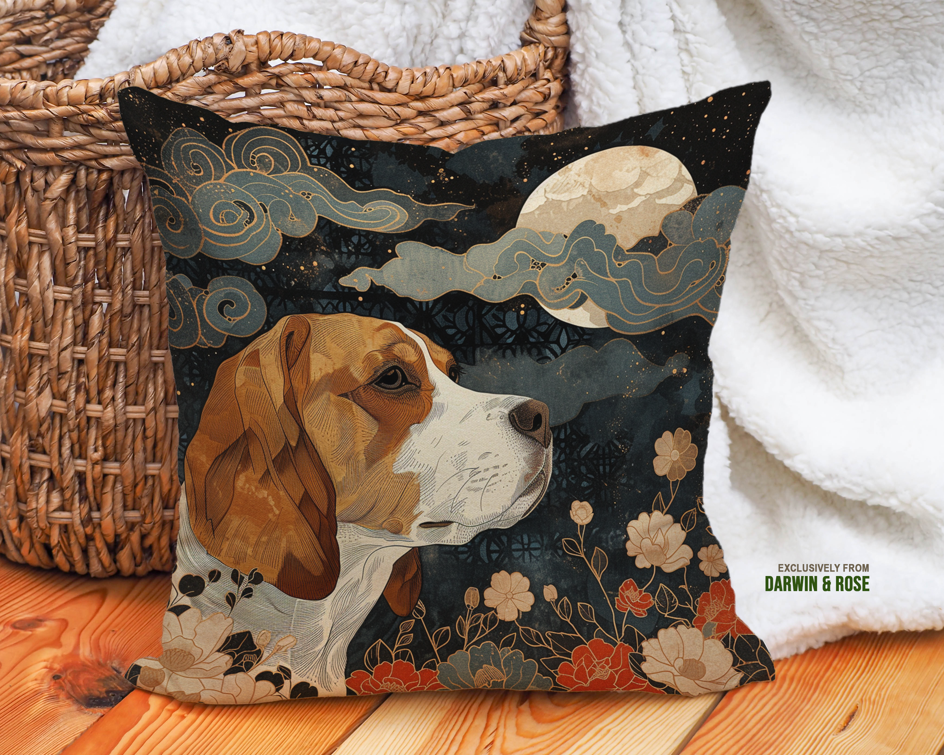 Beagle Night Blooms Throw Pillow - Modern Boho Style