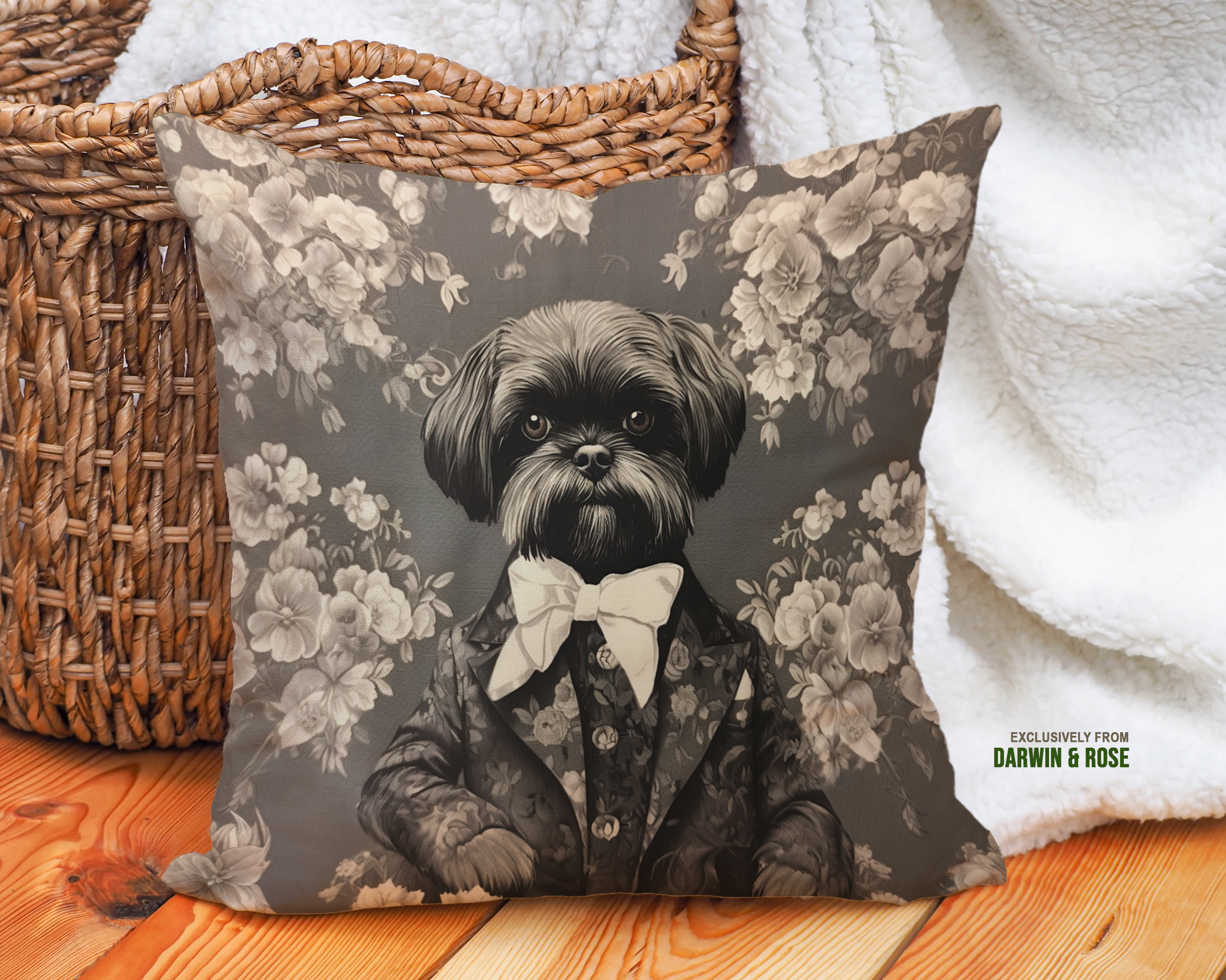Regal Shih Tzu Floral Throw Pillow – Vintage Elegance for Dog Lovers