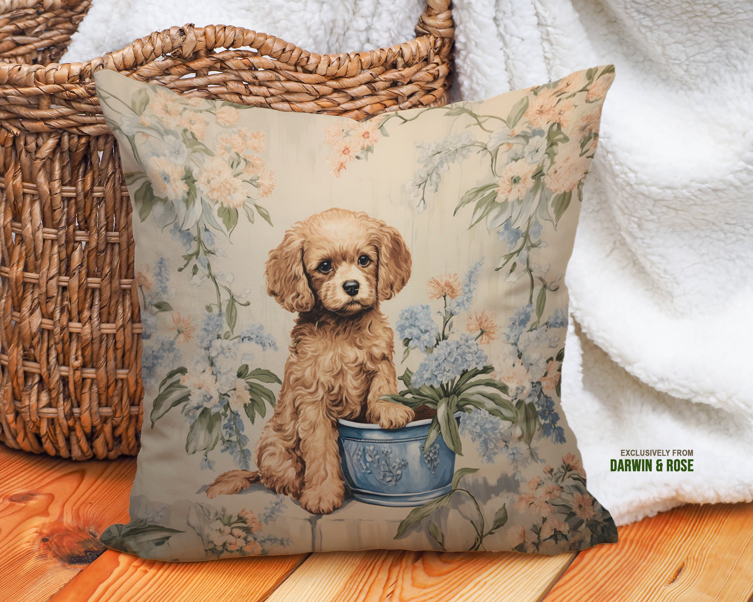 Cavapoo Charm Floral Throw Pillow - Vintage Cottagecore Style
