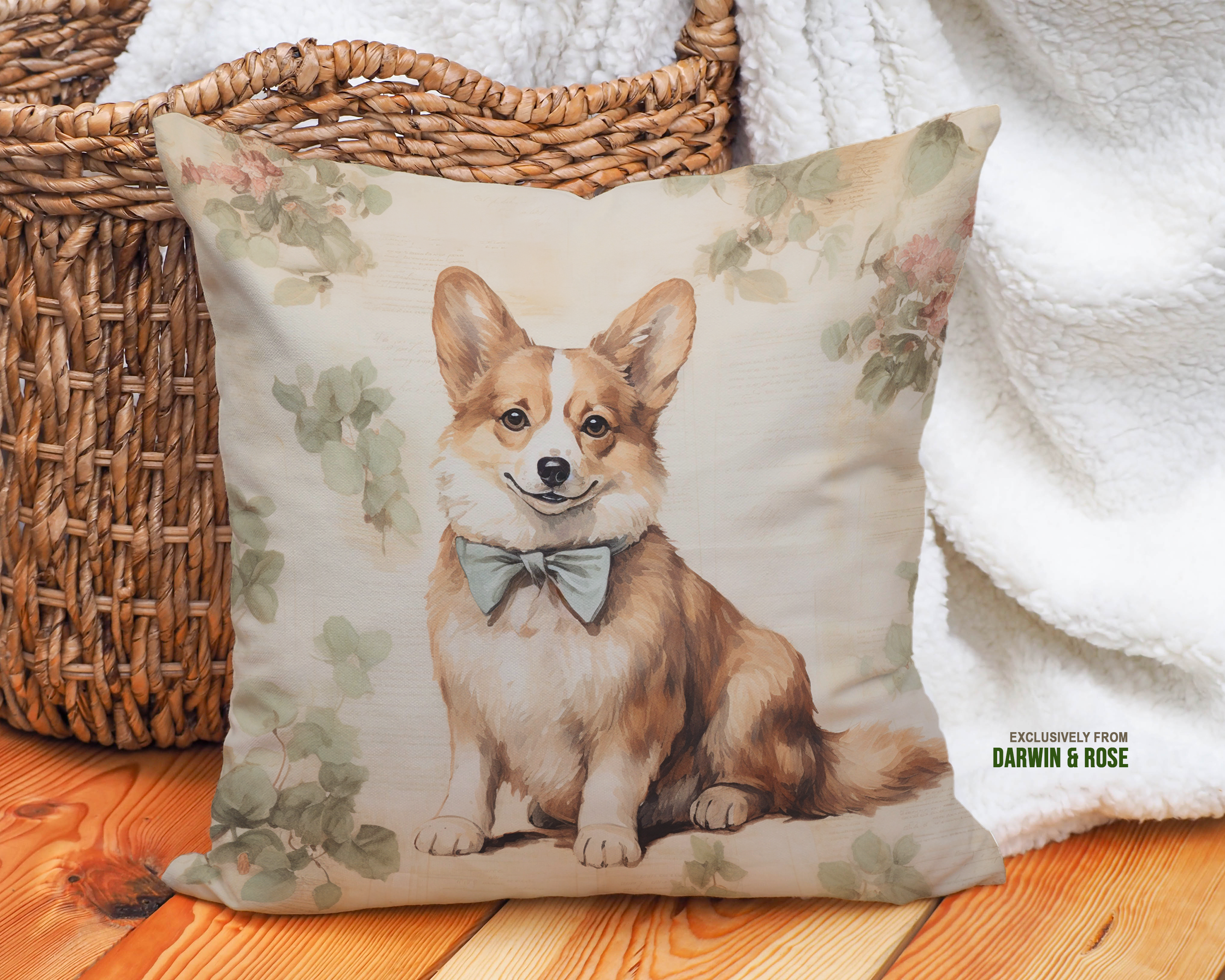 Charming Cottagecore Pembroke Welsh Corgi Throw Pillow – Vintage Botanical Style
