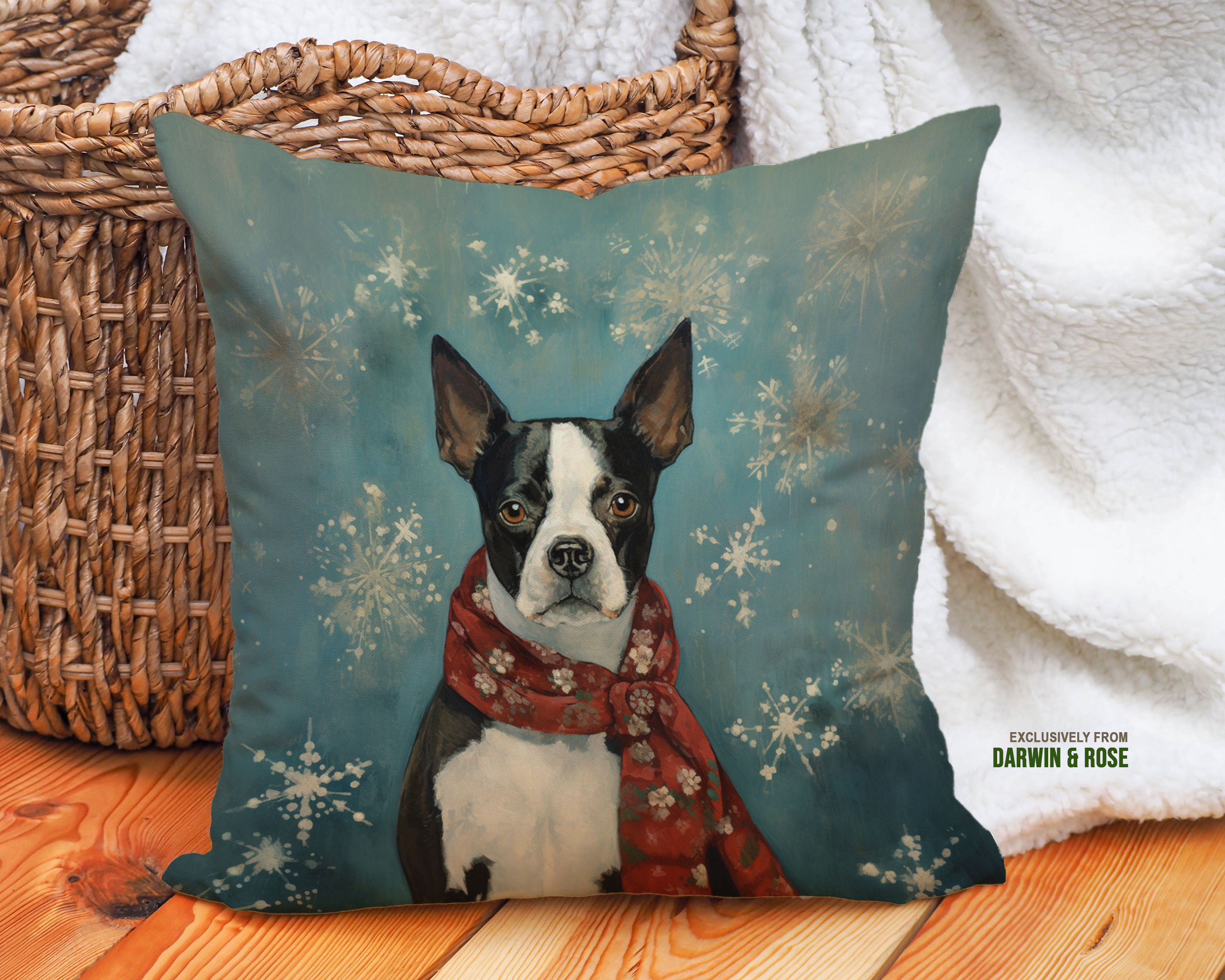 Festive Boston Terrier Snowflake Throw Pillow – Modern Holiday Décor