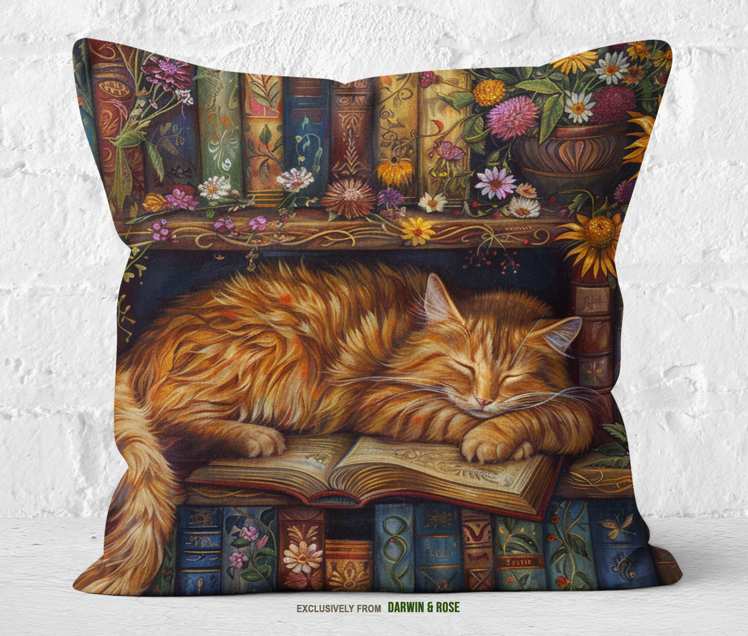 Cozy Cat Library Throw Pillow – Vintage Farmhouse Style