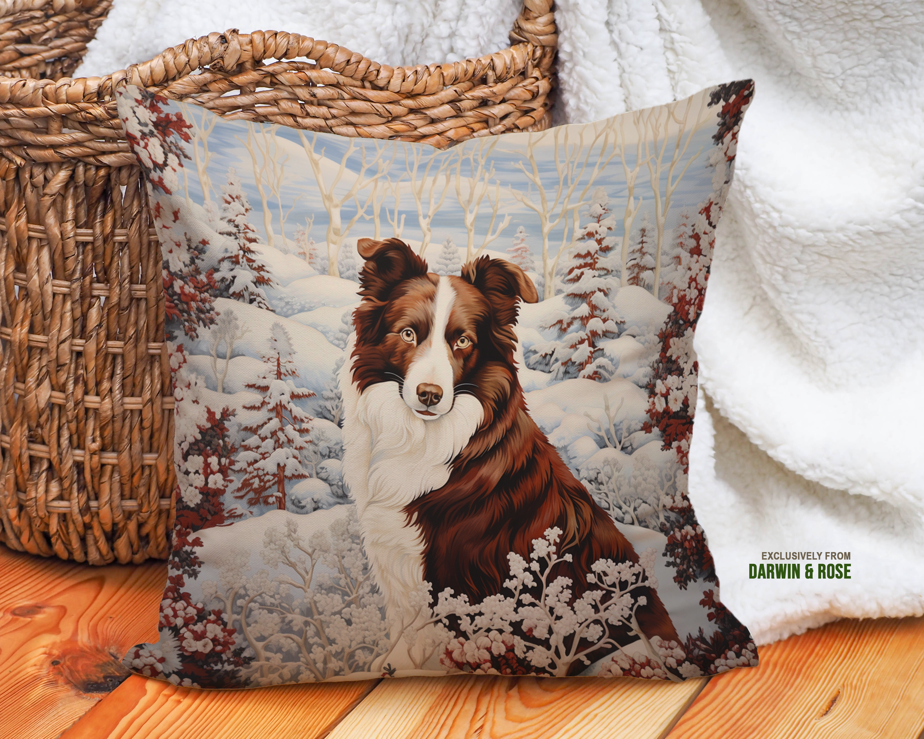 Red Border Collie in Winter Wonderland Throw Pillow