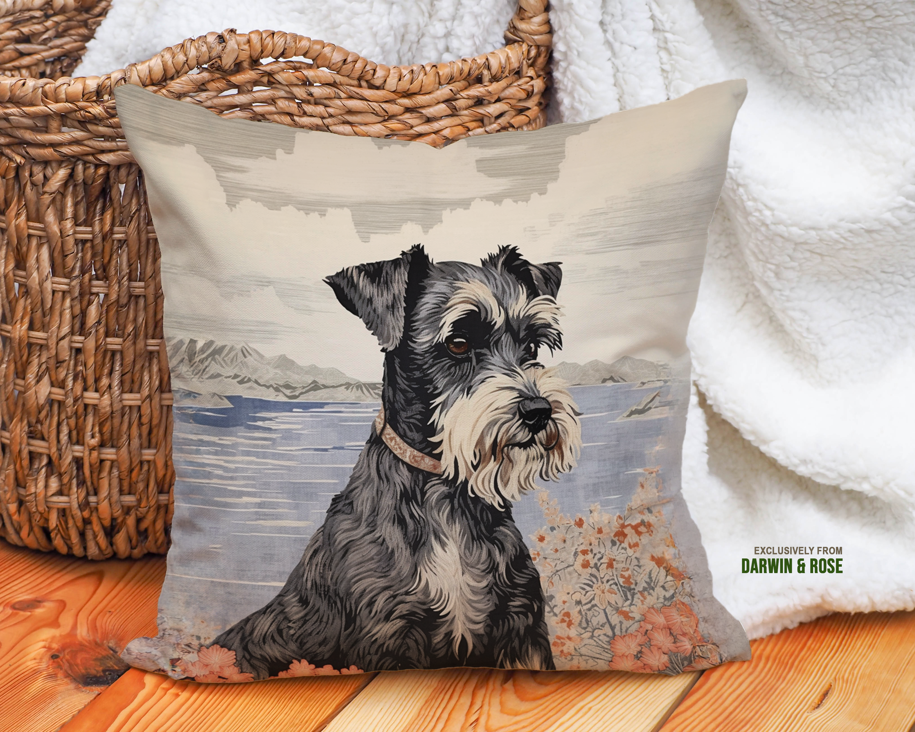 Miniature Schnauzer Scenic Farmhouse Throw Pillow