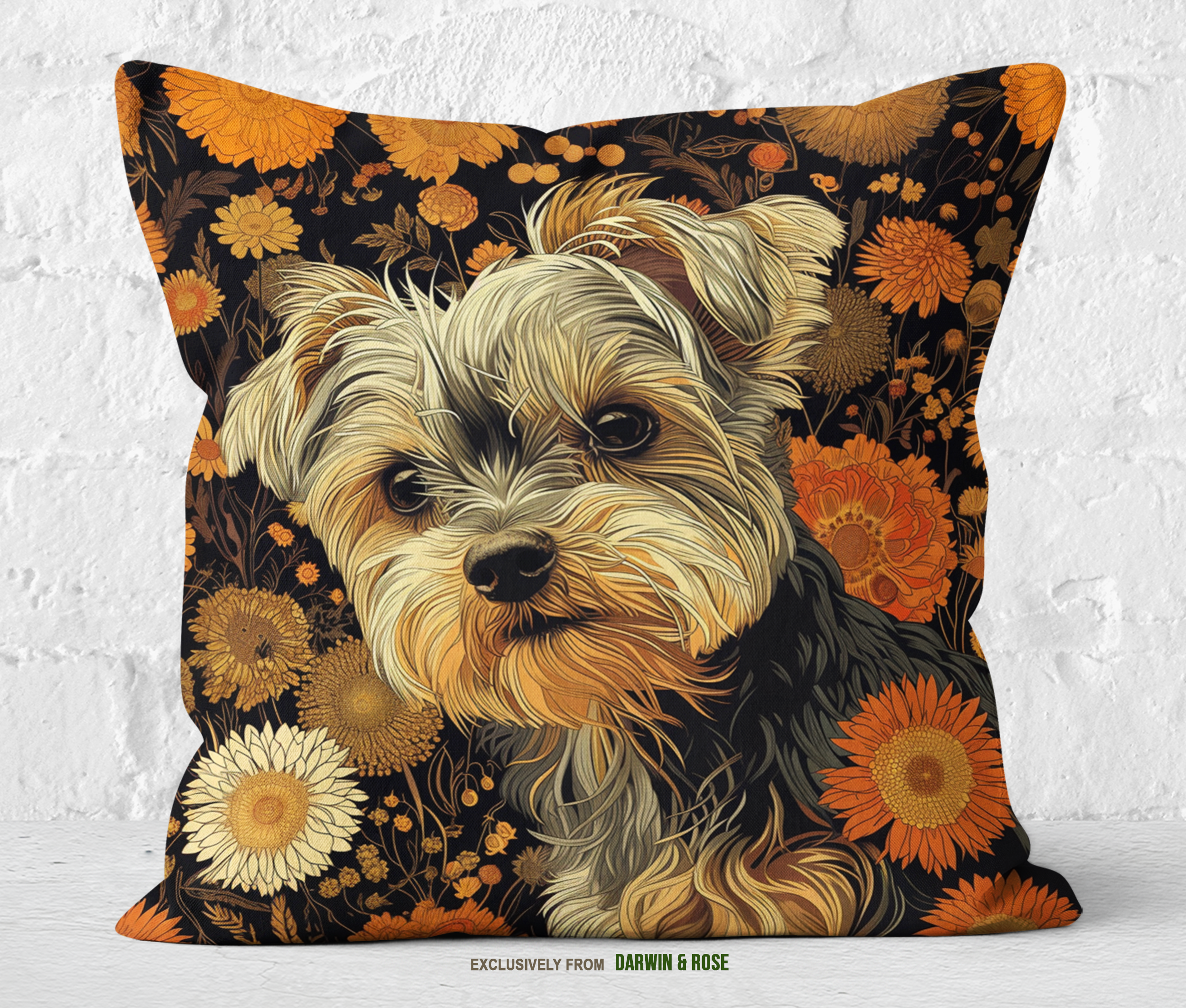 Yorkshire Terrier Autumn Blooms Throw Pillow - Modern Floral Decor