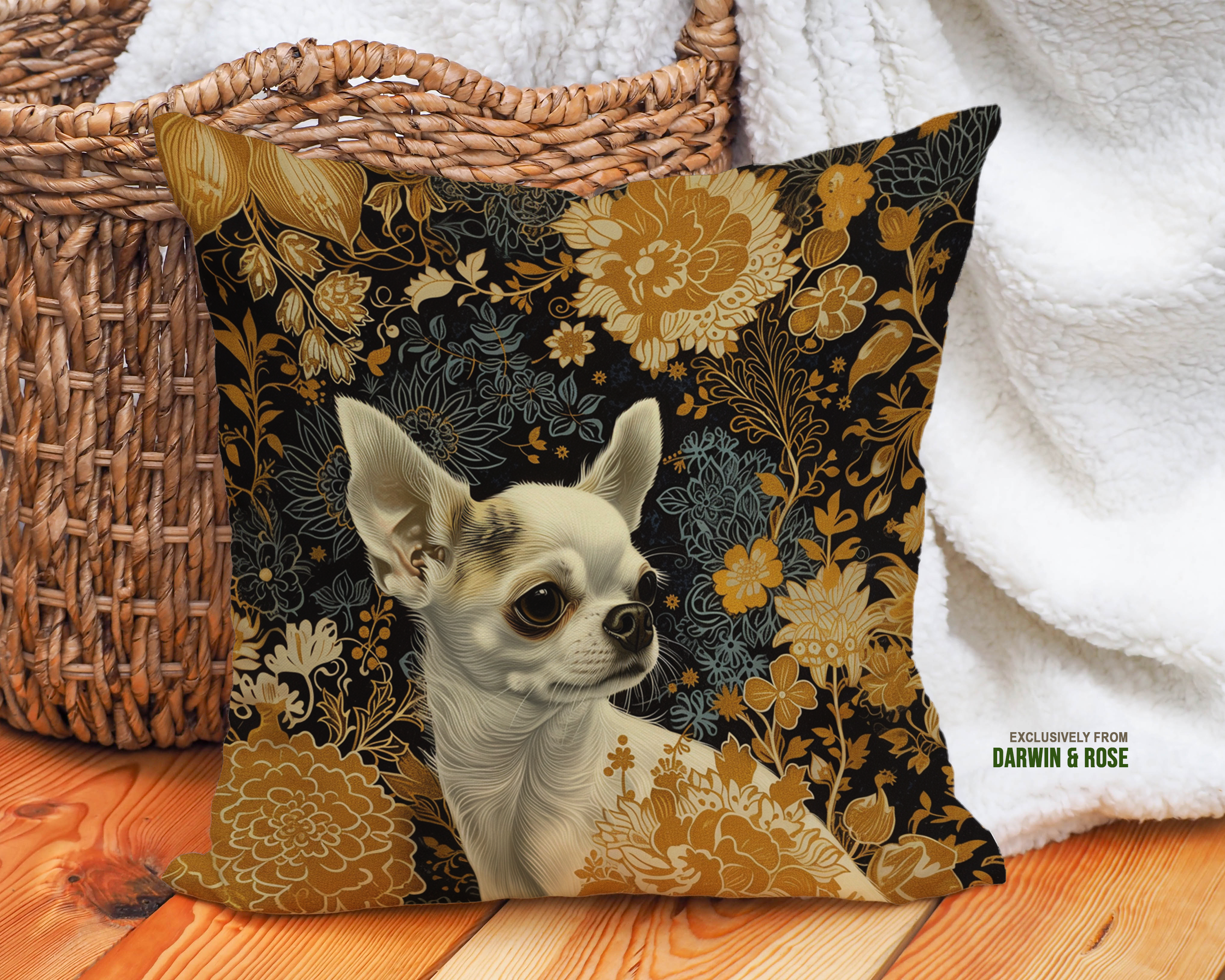 Golden Floral Chihuahua Modern Throw Pillow