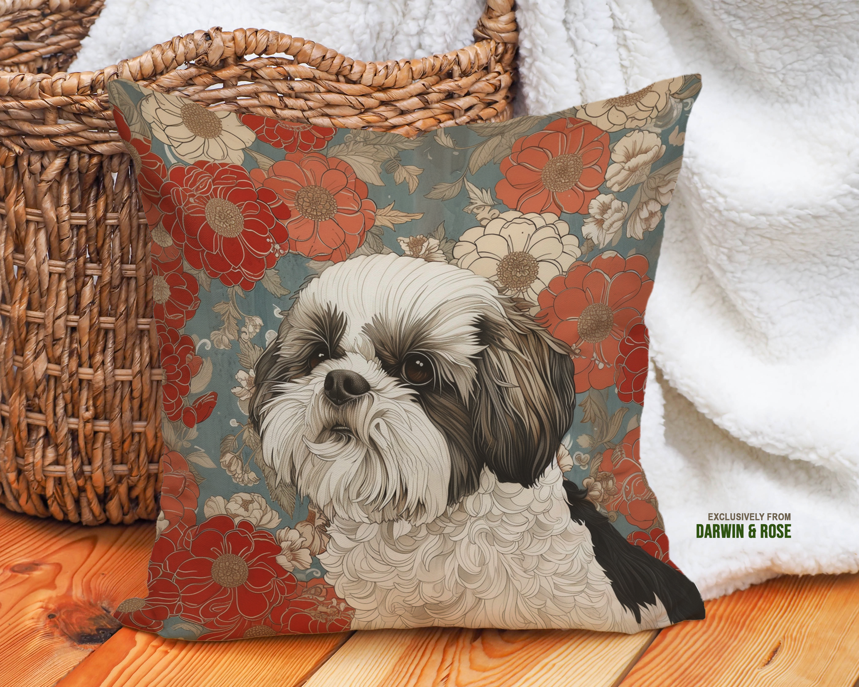 Shih Tzu Elegance Floral Throw Pillow - Boho Style Home Decor