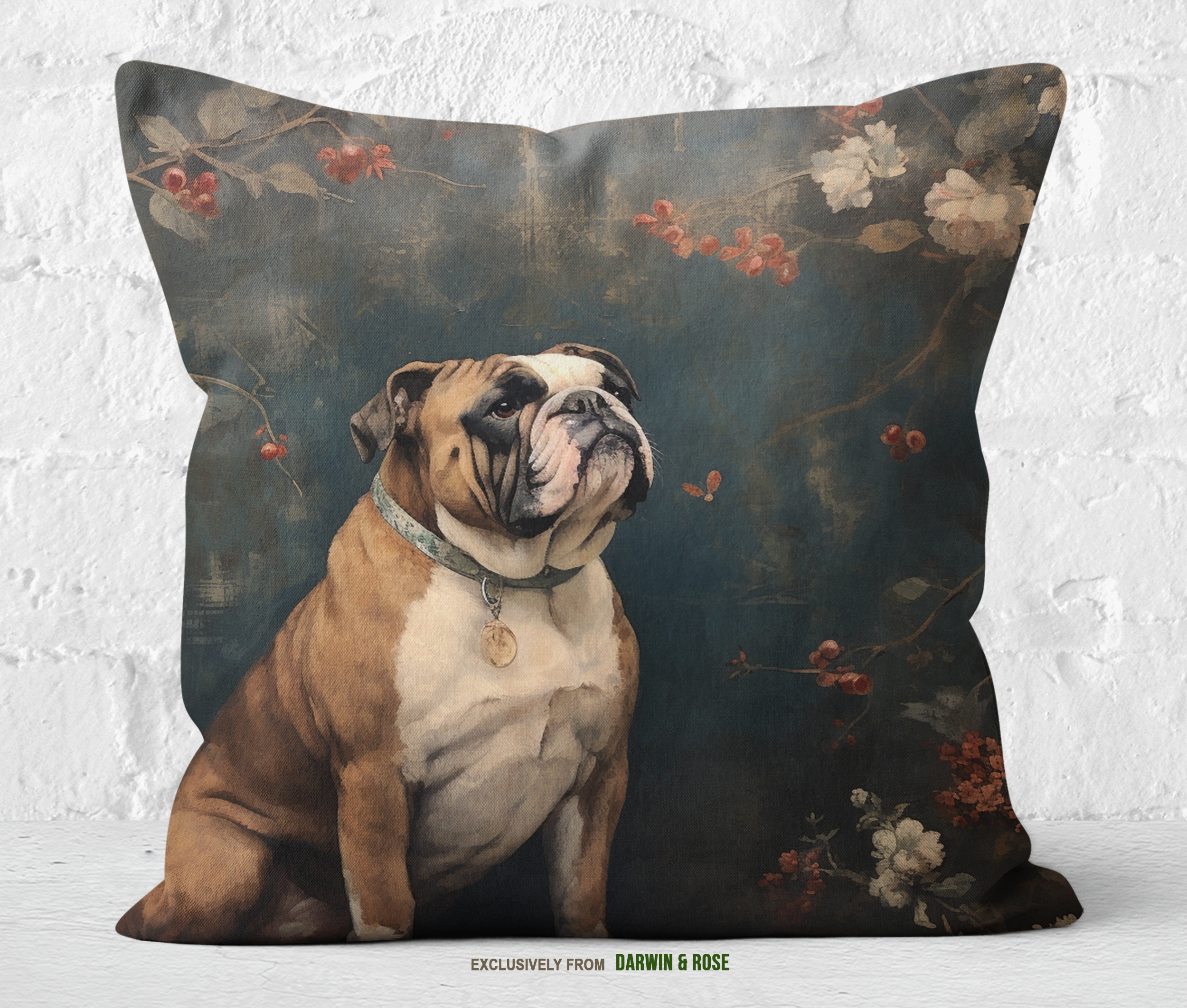 Floral Elegance English Bulldog Throw Pillow – Vintage Farmhouse Style