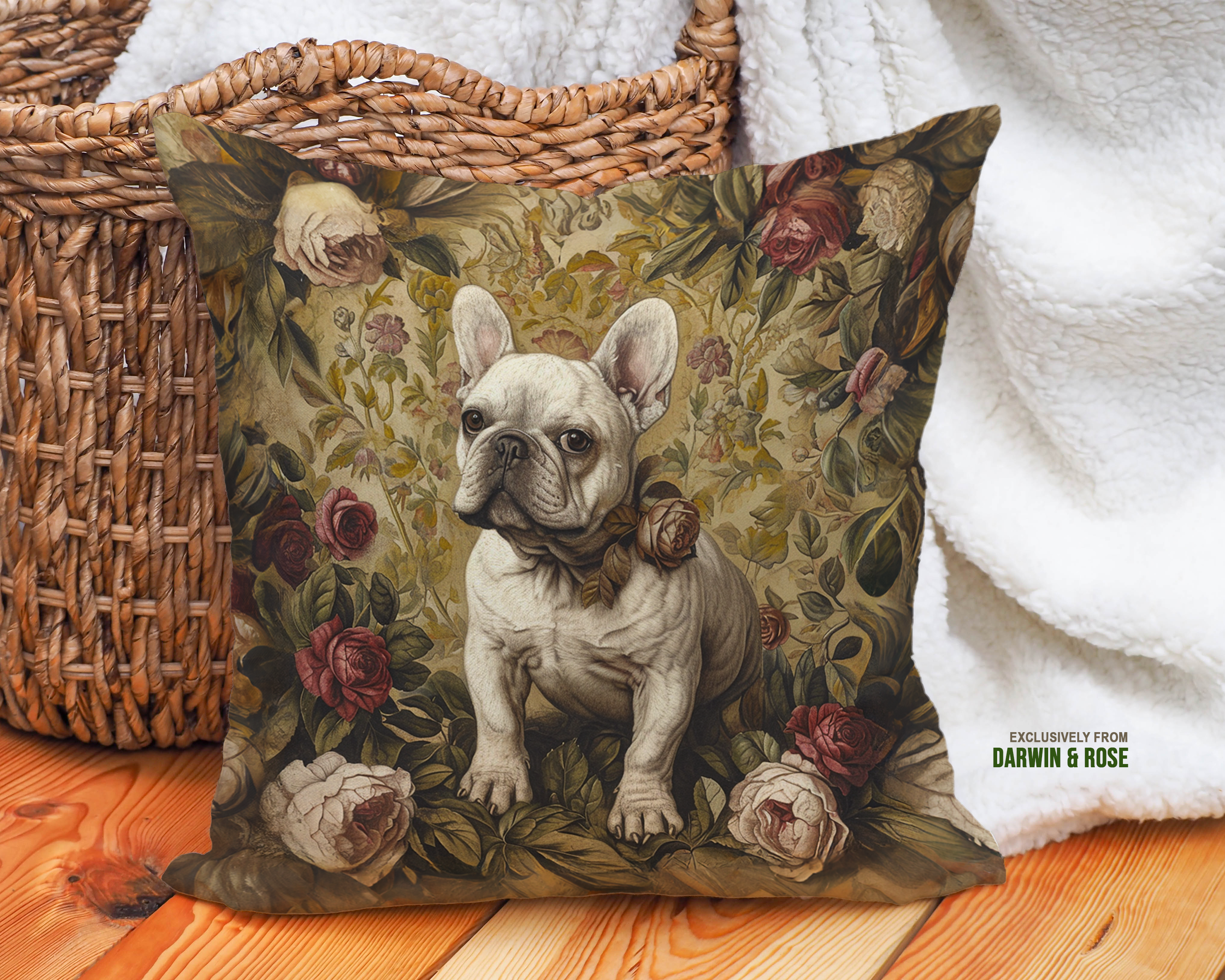 French Bulldog Vintage Floral Throw Pillow, Chic Boho Decor
