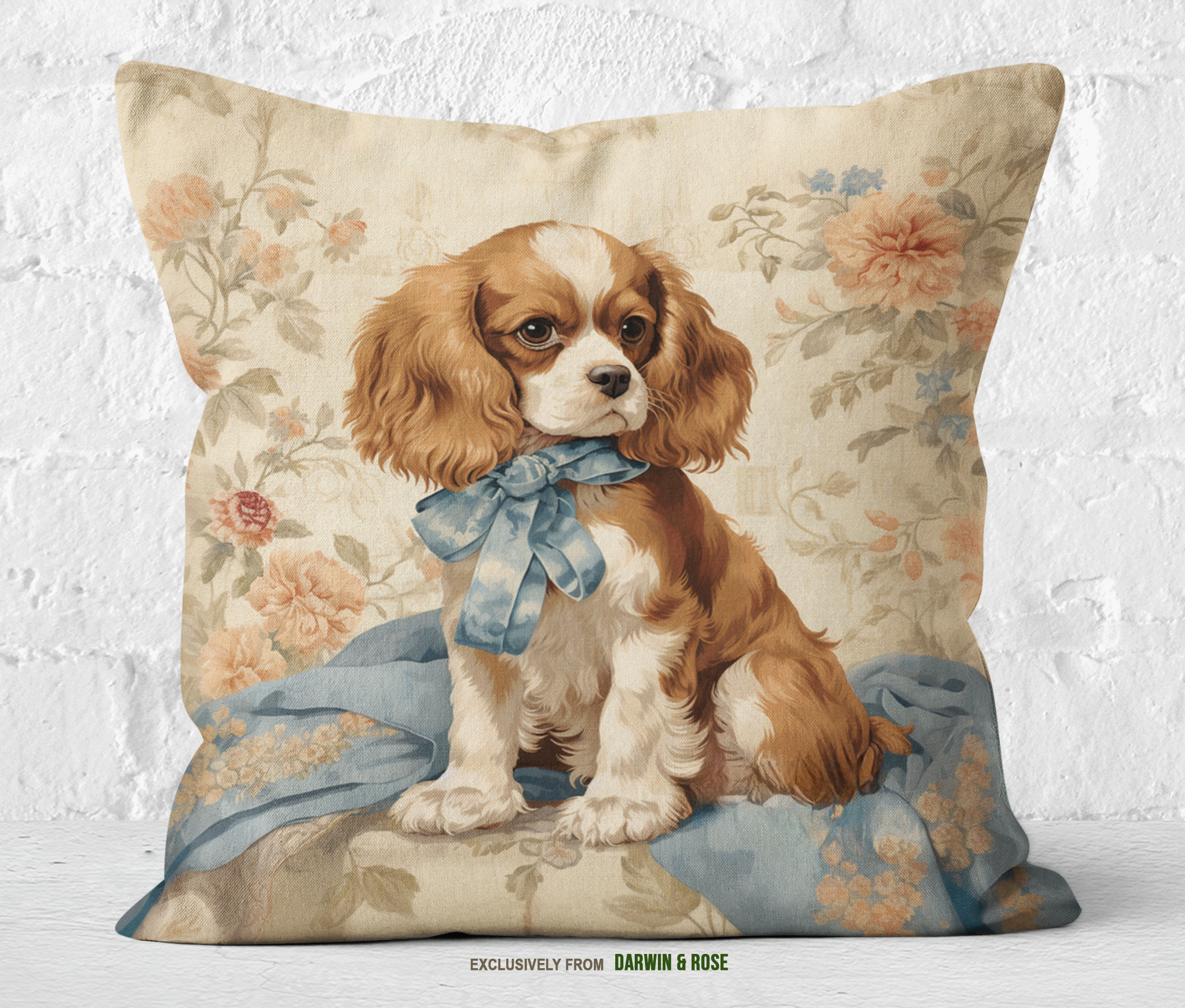 Cavalier Charm Vintage Throw Pillow - Elegant Floral Design for Dog Lovers
