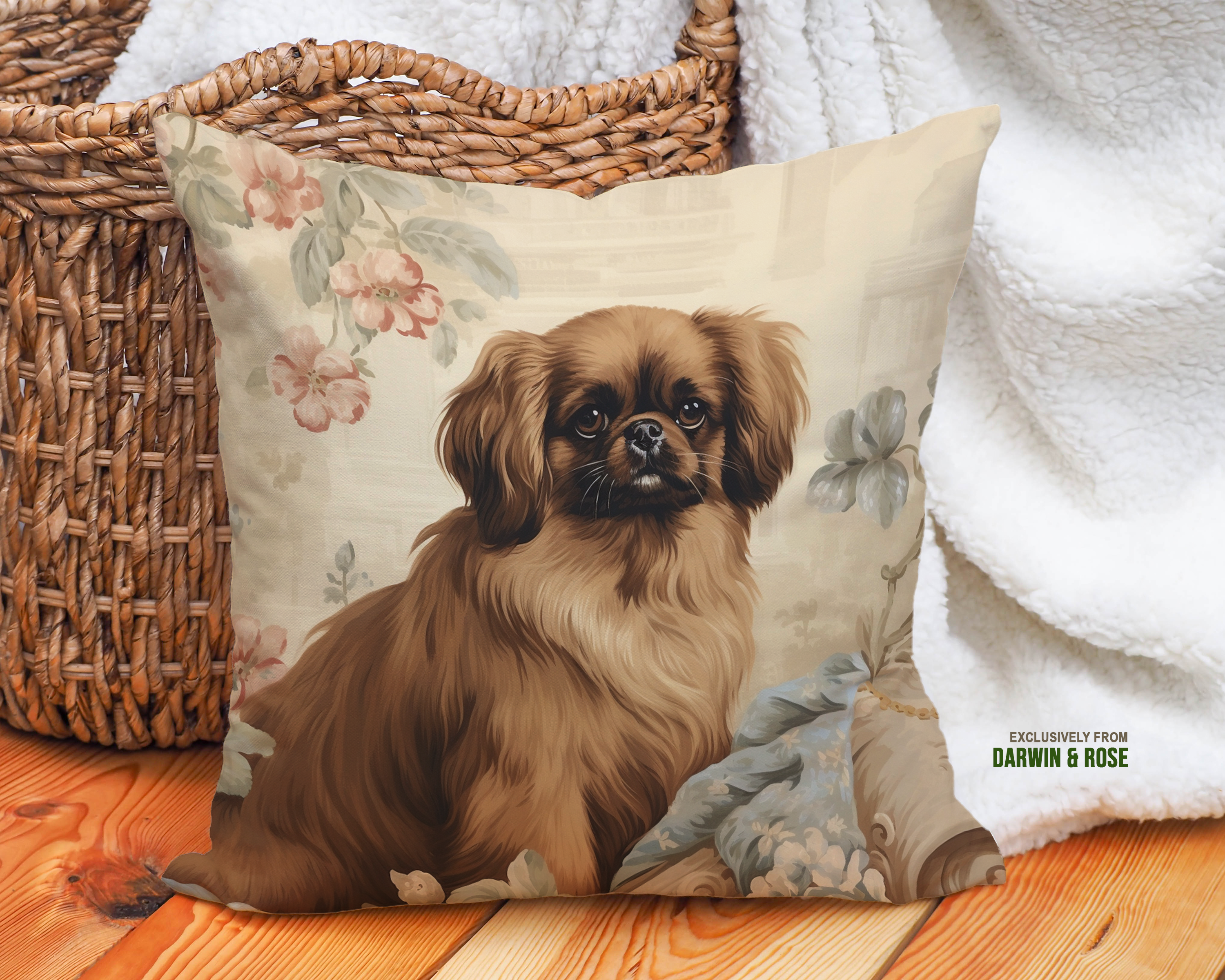 Pekingese Charm Vintage Throw Pillow – Elegant Floral Design for Dog Lovers