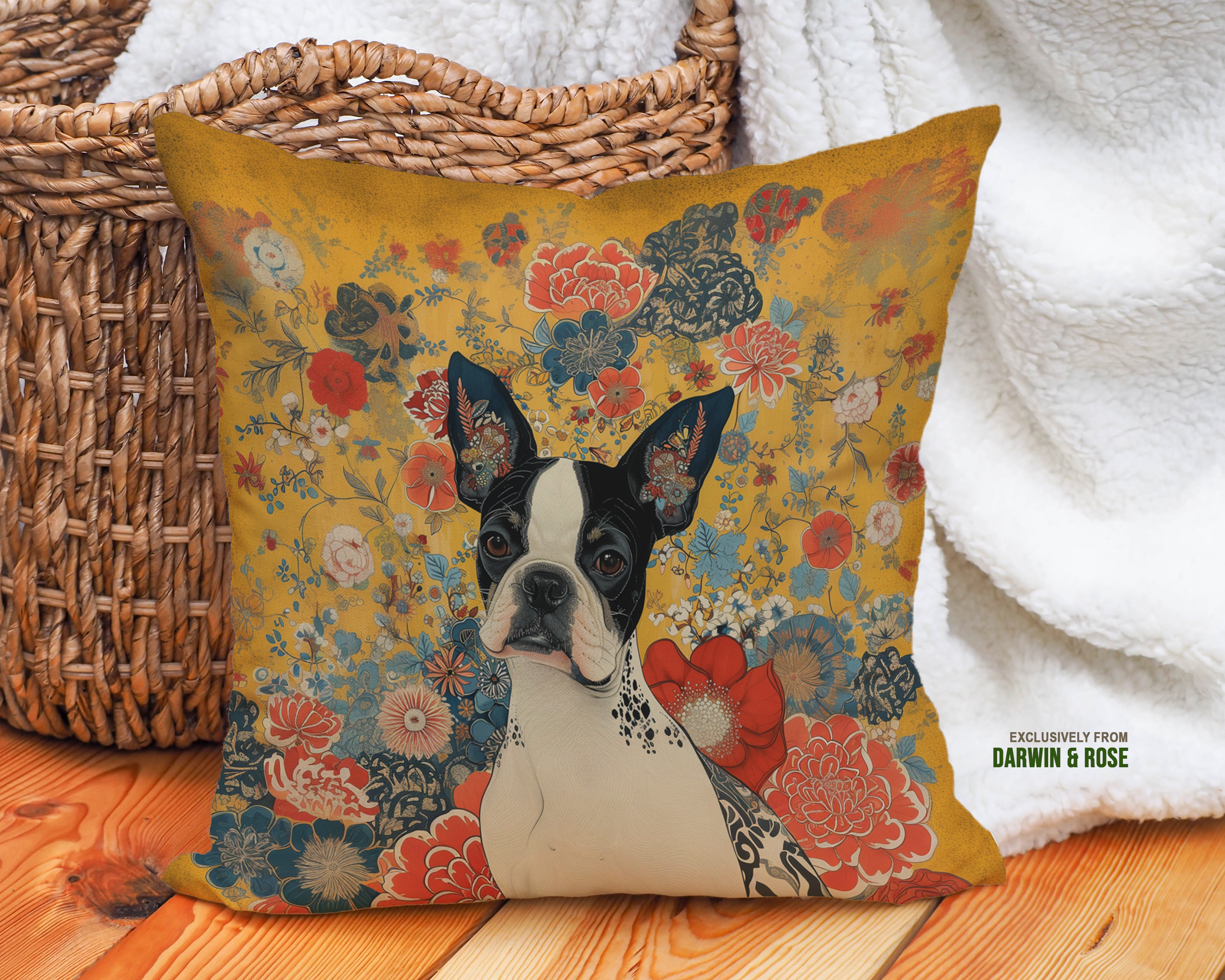 Boston Terrier Floral Elegance Throw Pillow – Vintage Boho Style