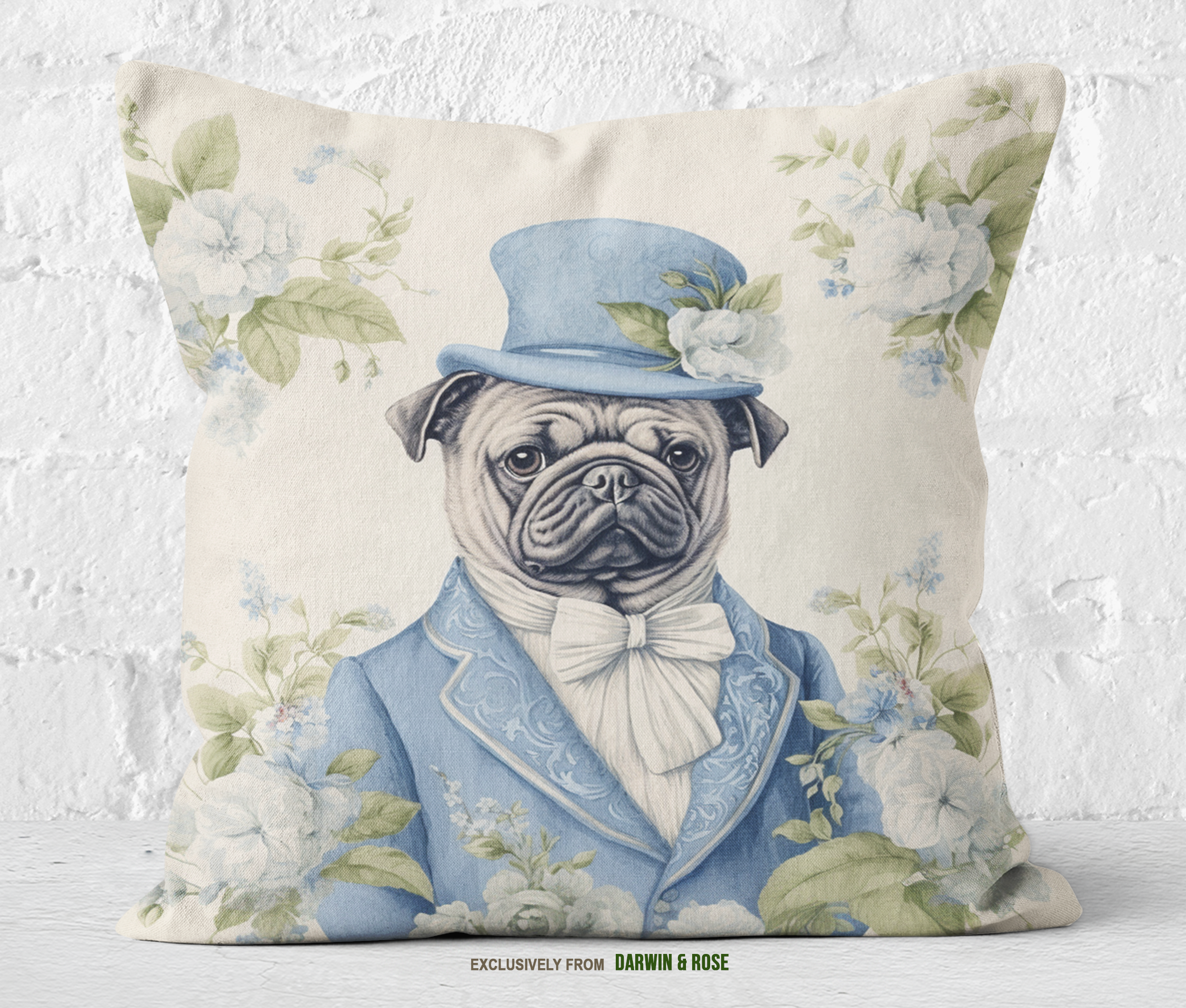 Dapper Pug in Blue Victorian Charm Throw Pillow
