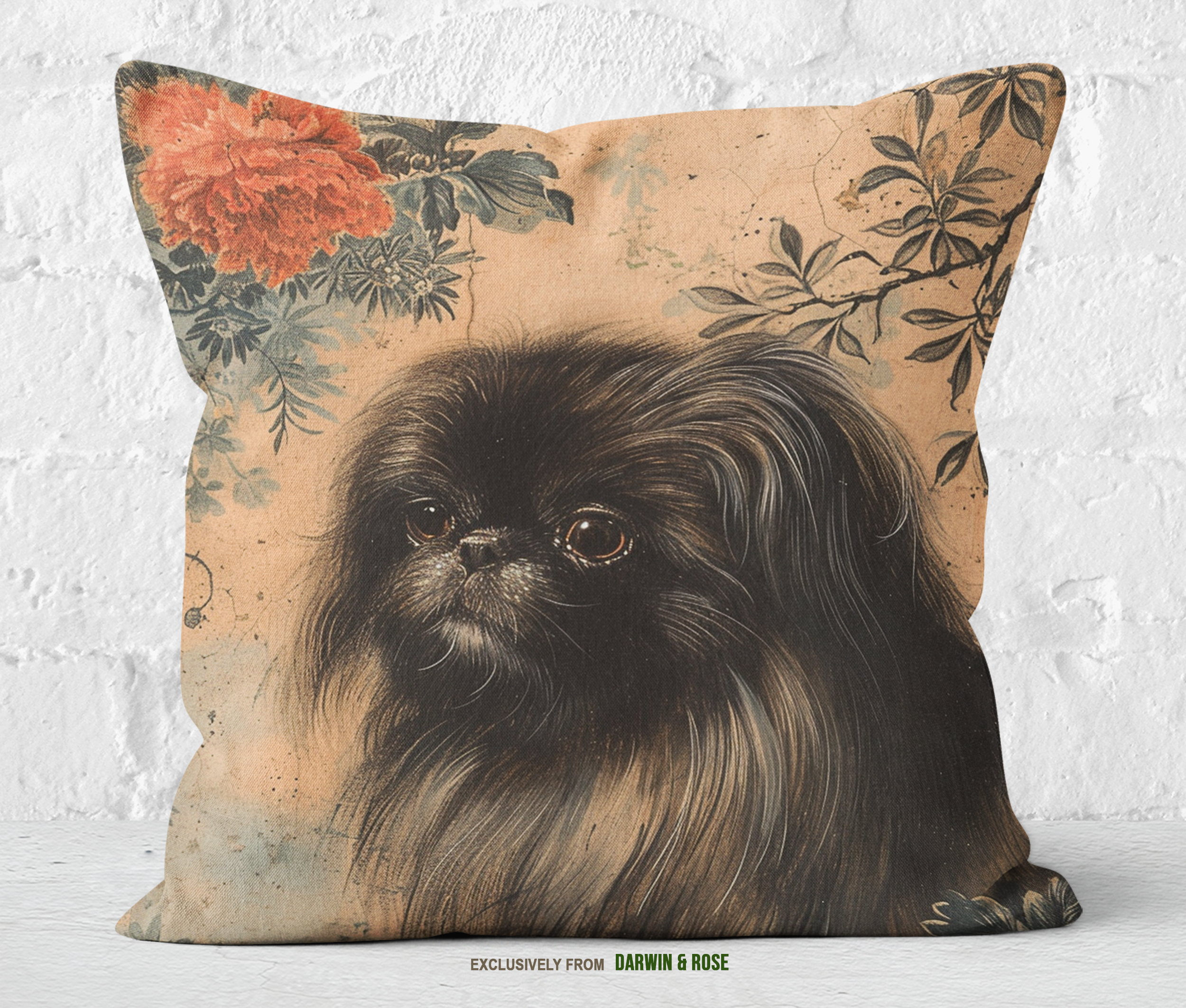 Vintage Pekingese Floral Throw Pillow – Elegant Boho Home Décor