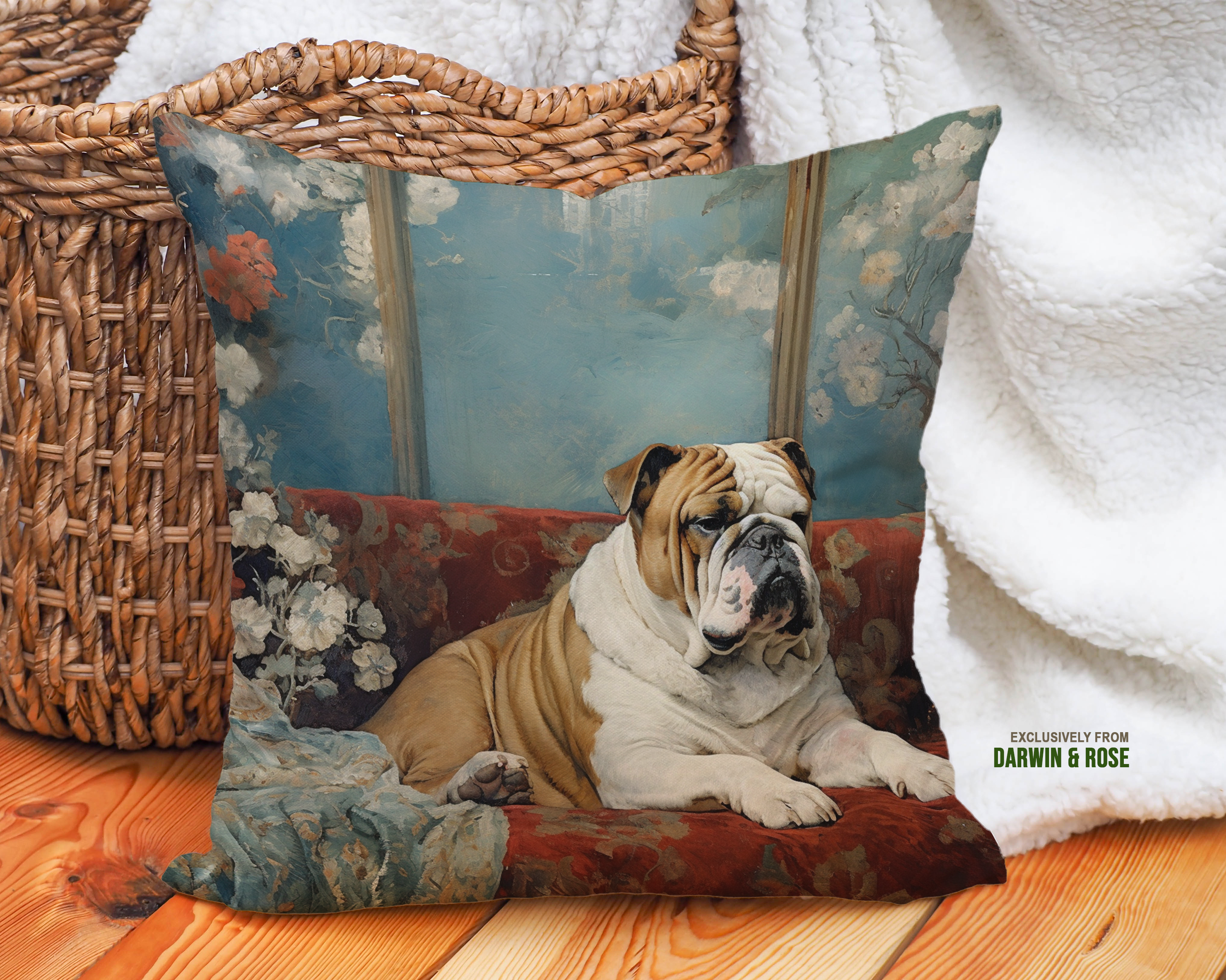 English Bulldog Elegance: Vintage Floral Throw Pillow