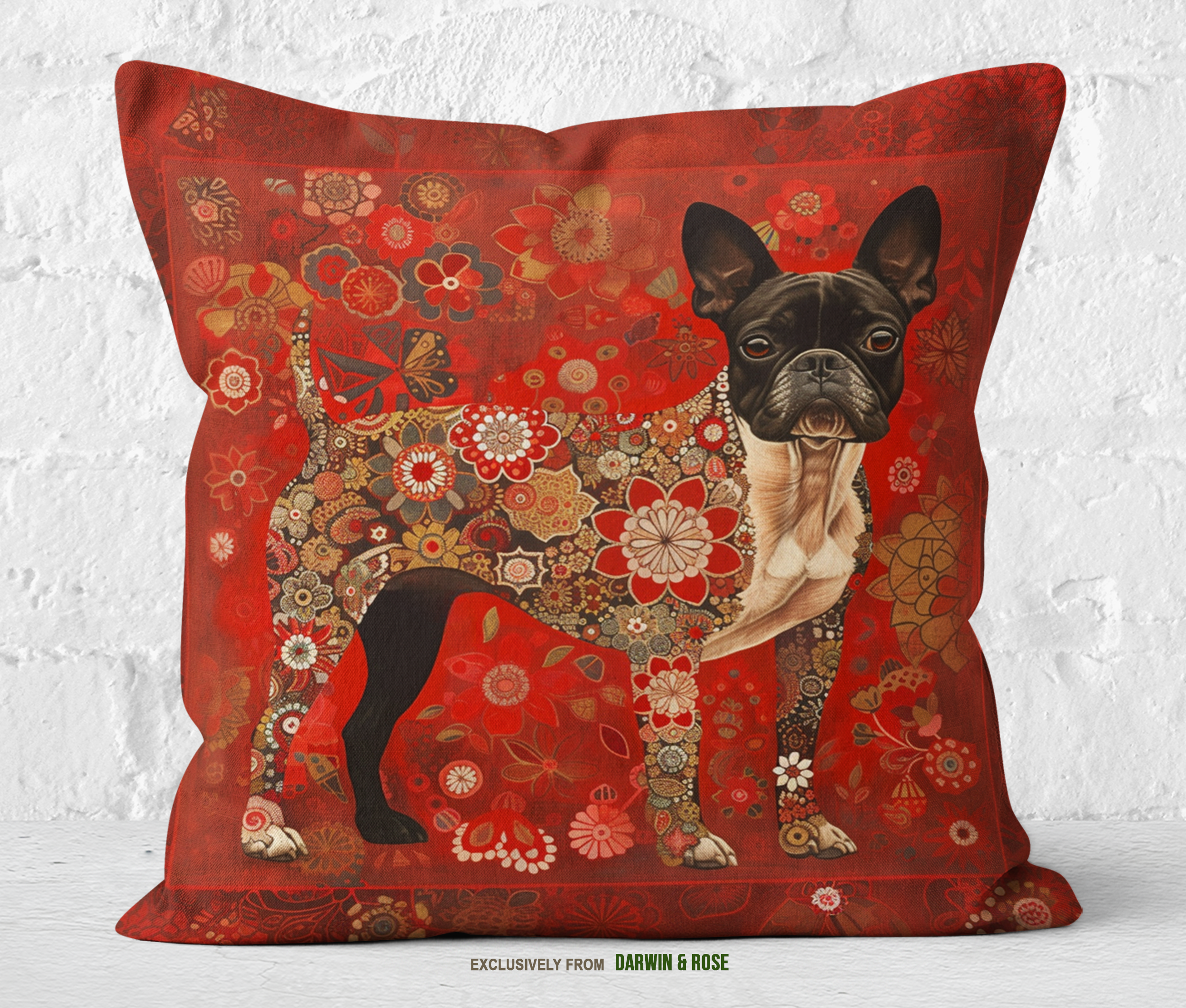 Boston Terrier Floral Boho Throw Pillow – Bold Red Accent Décor