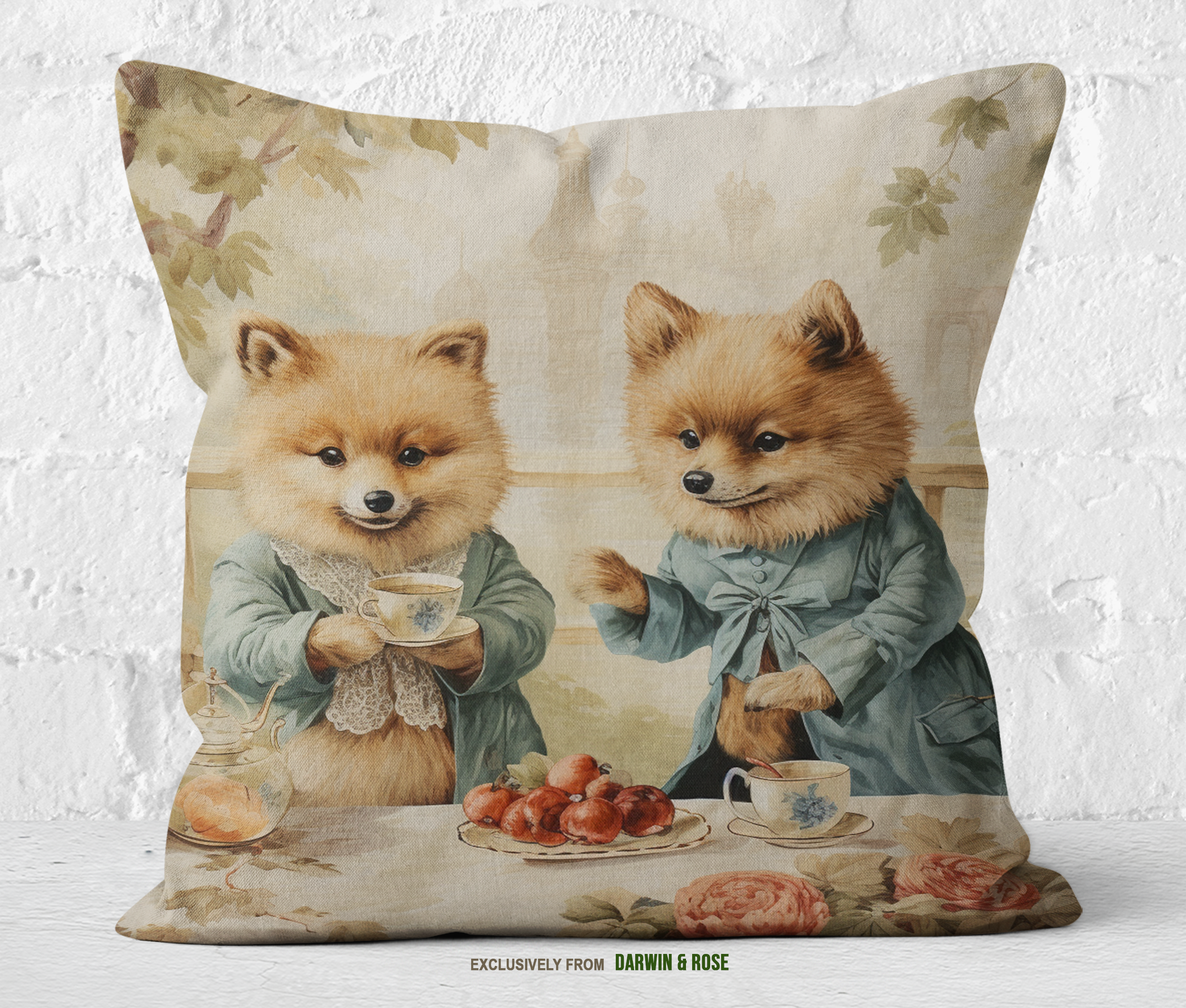 Victorian Tea Party Pomeranian Throw Pillow – Vintage Cottagecore Charm