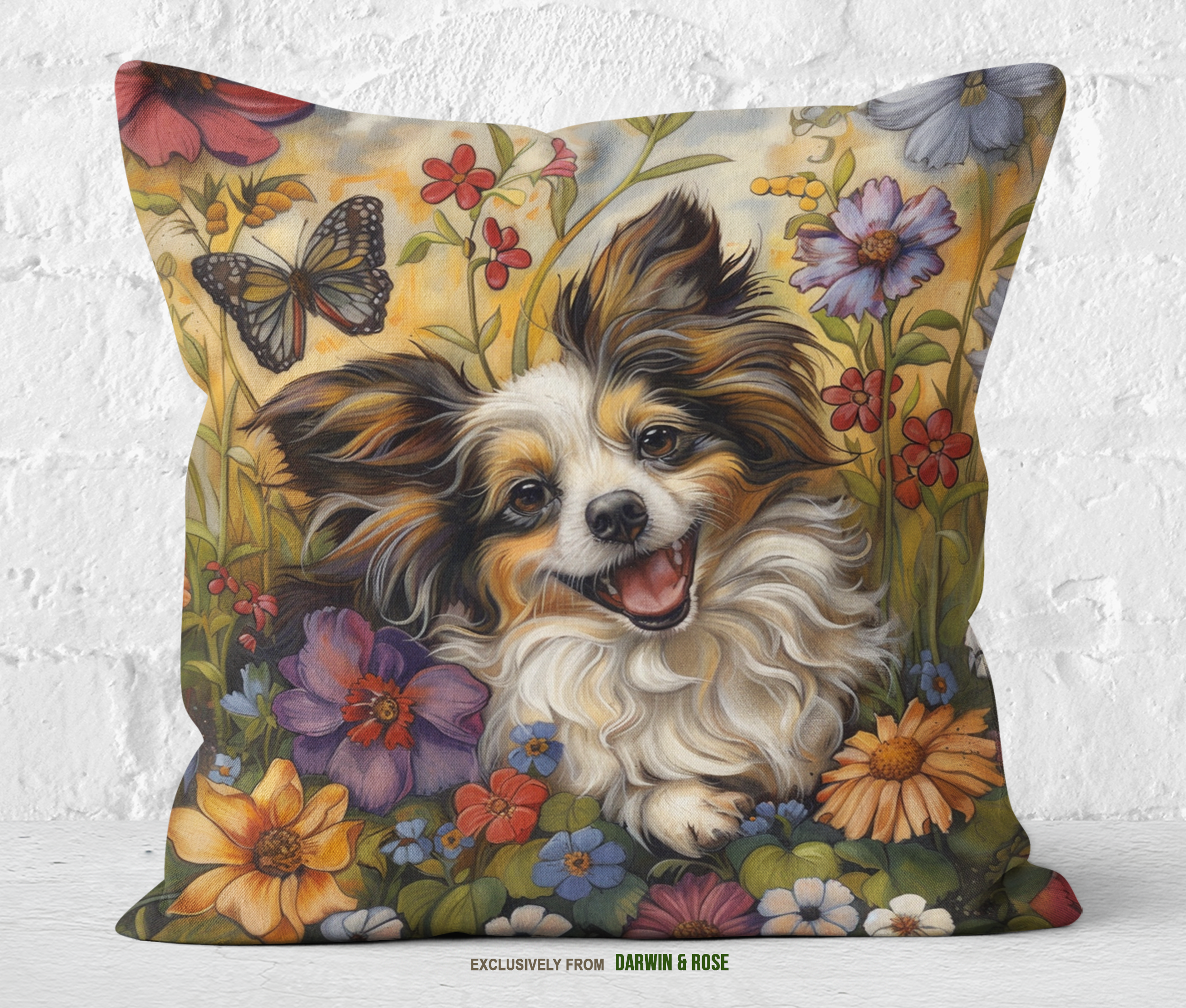 Papillon Dog Floral Meadow Throw Pillow – Vibrant Boho Décor Gift