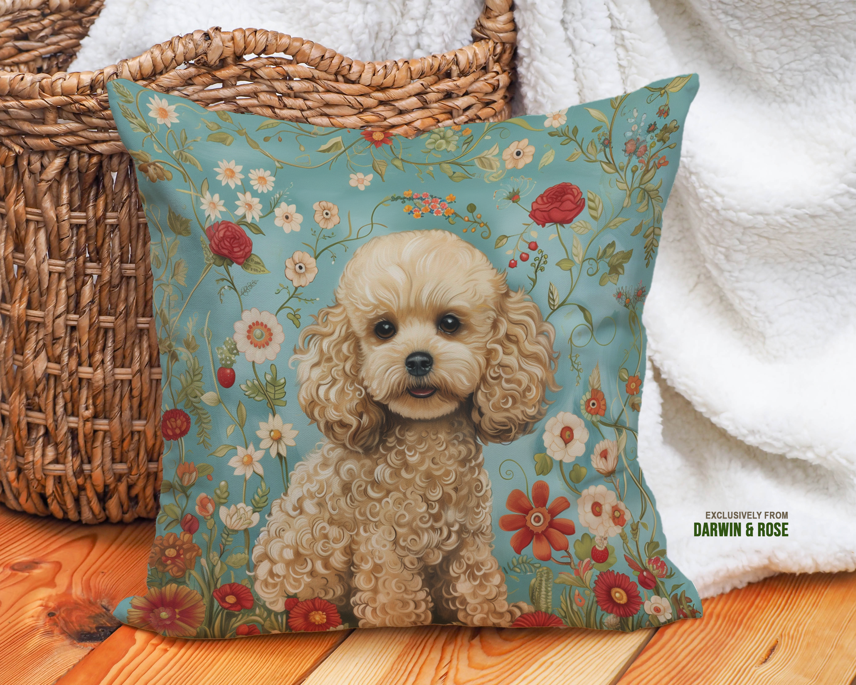 Floral Bliss Poodle Throw Pillow – Vintage Boho Style for Dog Lovers