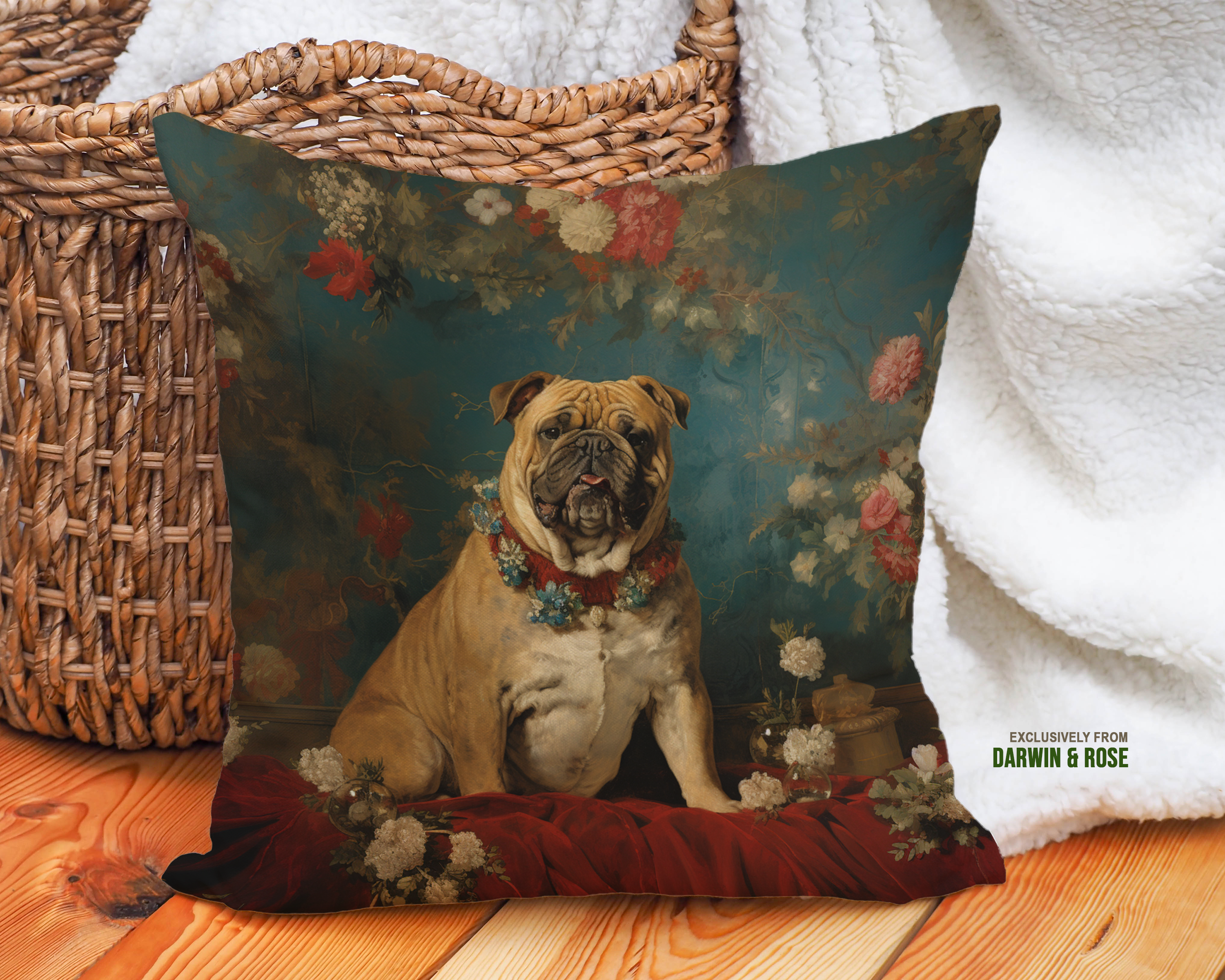Regal English Bulldog Floral Portrait Throw Pillow – Vintage Luxe Decor