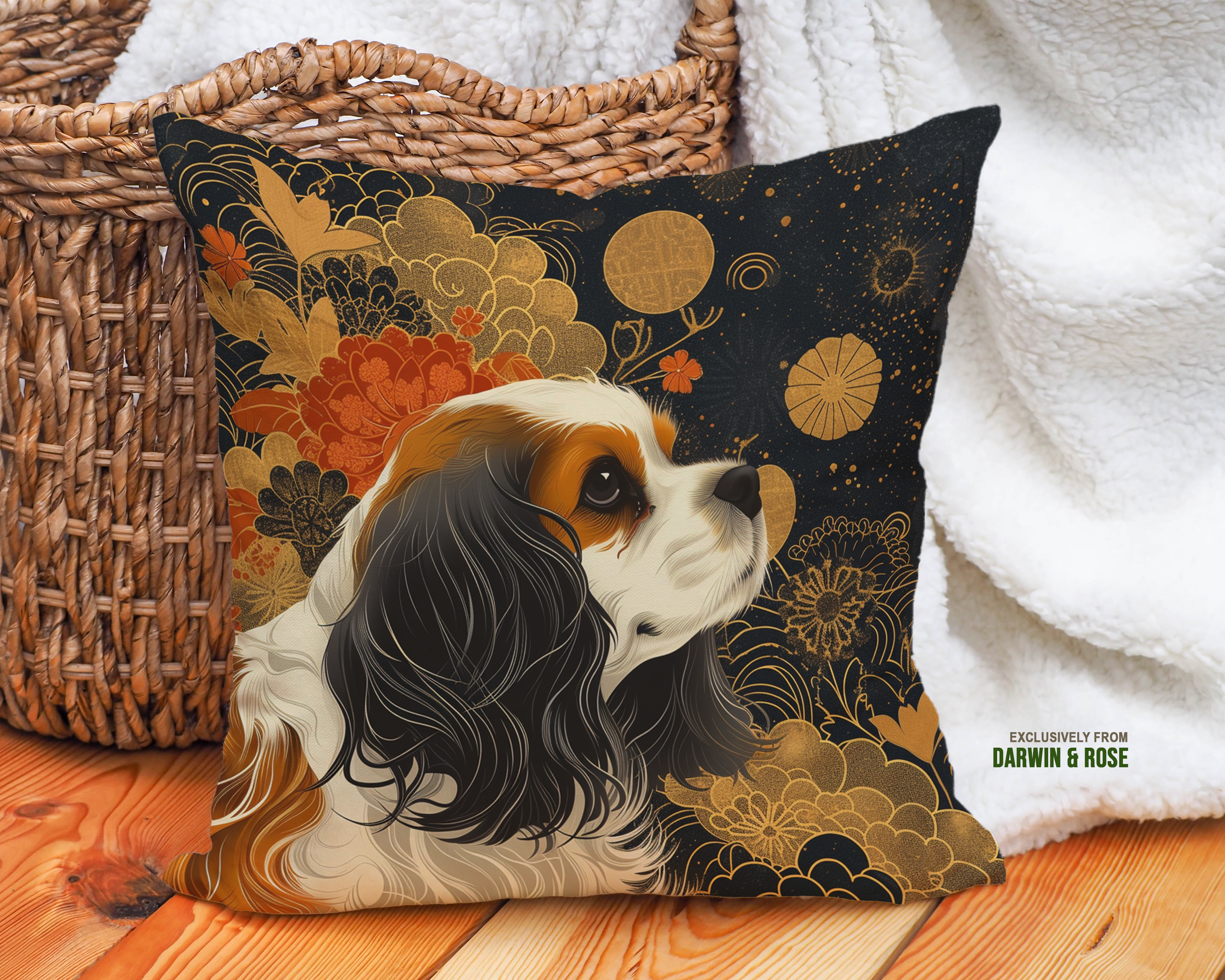 Regal Cavalier King Charles Spaniel Luxe Throw Pillow - Boho Gold & Black Design
