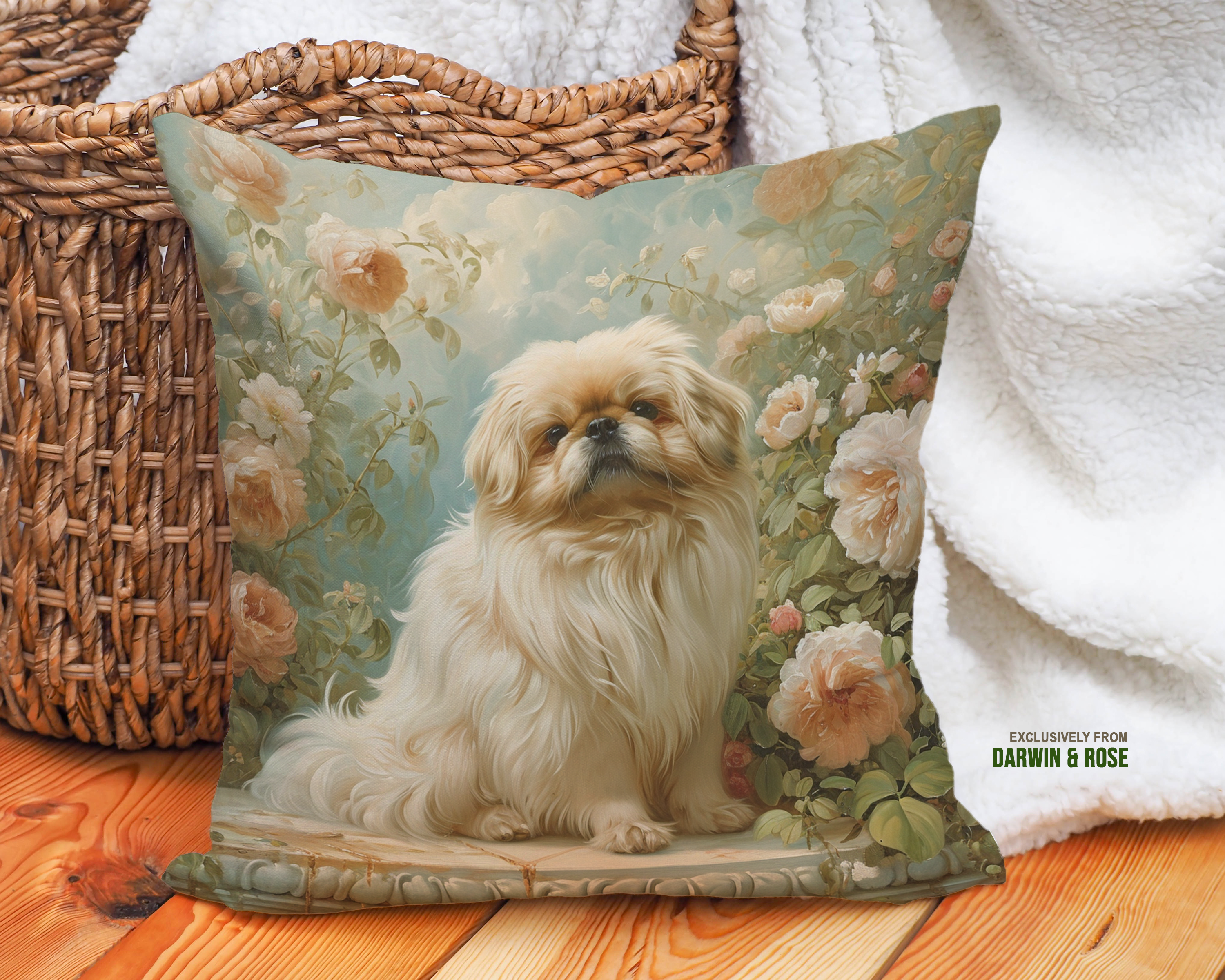 Pekingese Elegance Floral Throw Pillow – Vintage Garden Style