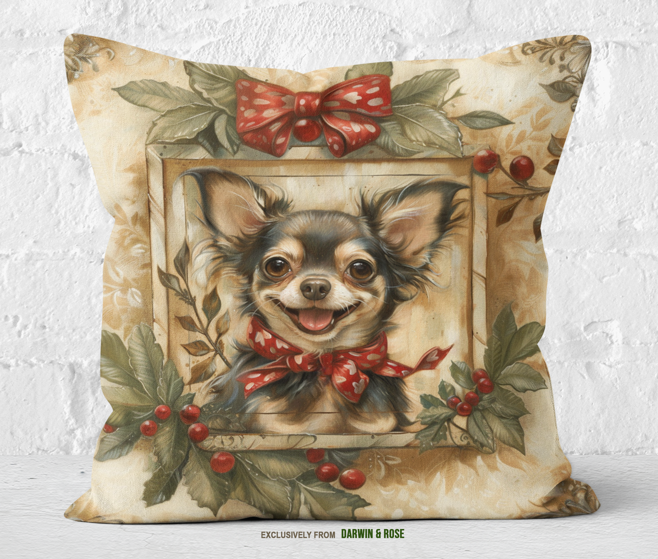 Charming Christmas Chihuahua Throw Pillow - Vintage Holiday Decor Style
