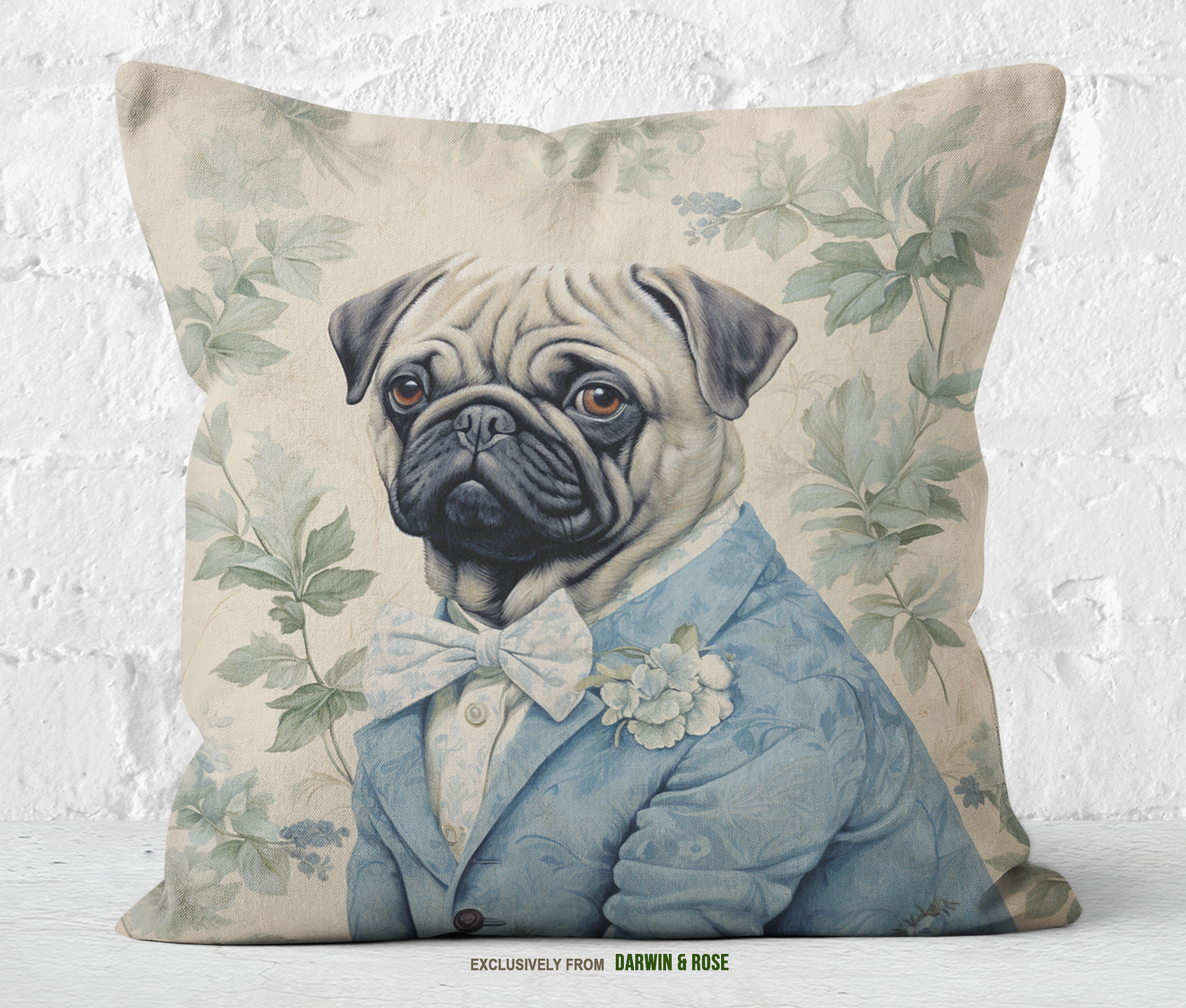 Pug in Elegant Blue Suit Throw Pillow – Vintage-Inspired Boho Décor