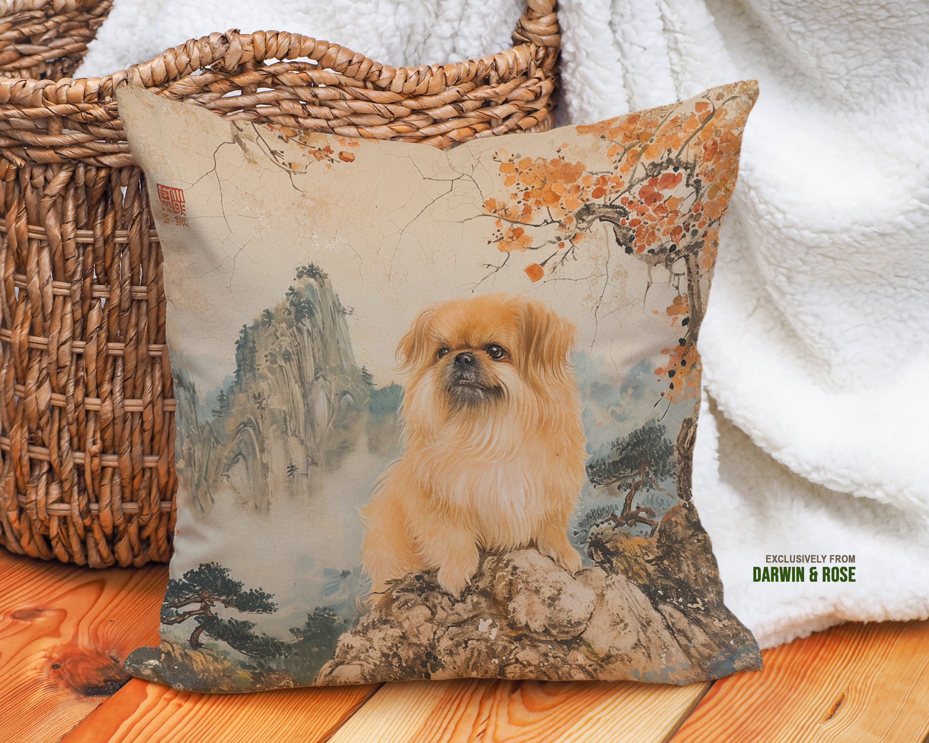 Pekingese Serenity in Traditional Asian Landscape Throw Pillow