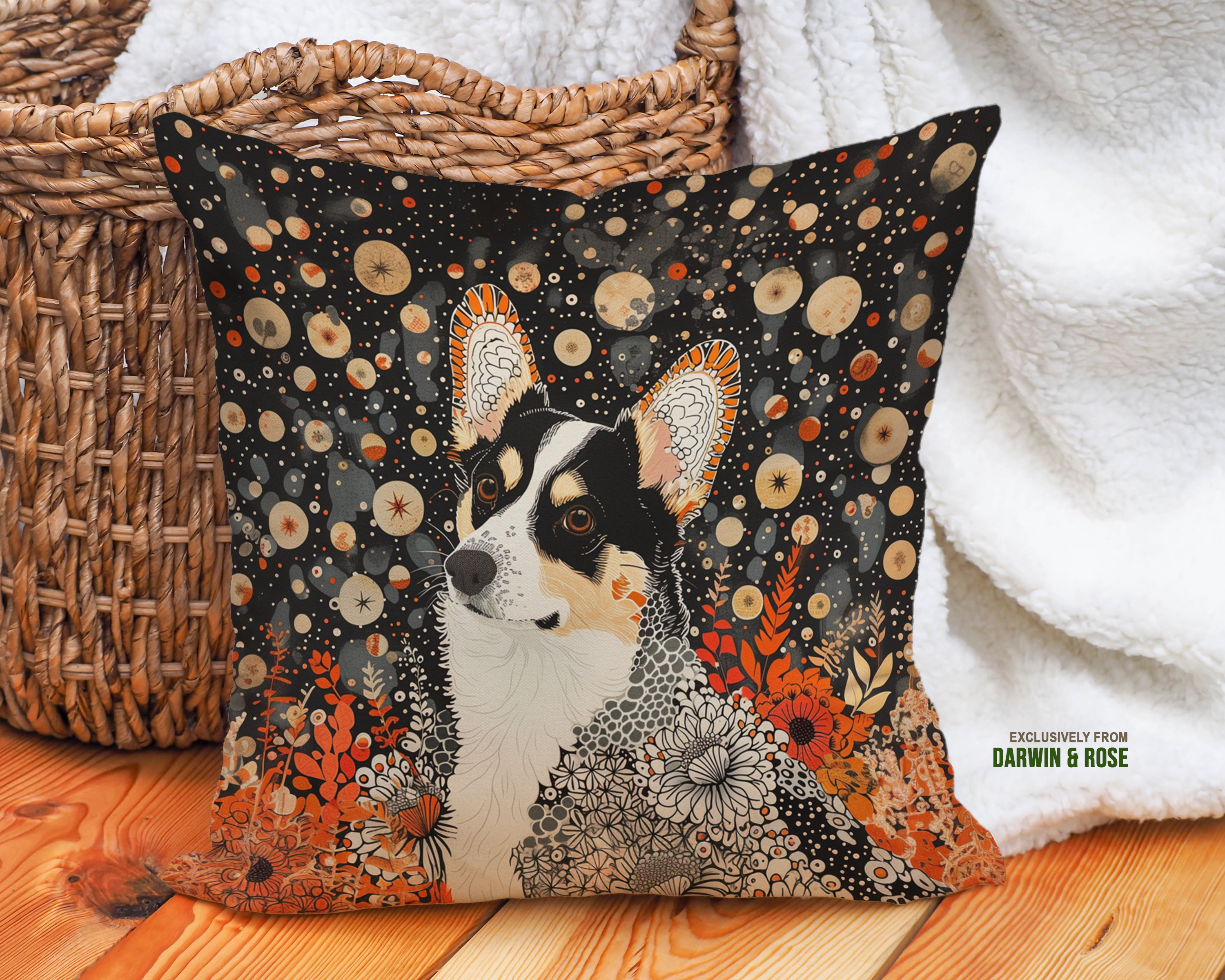 Cardigan Welsh Corgi Moonlit Floral Throw Pillow – Boho Autumn Decor