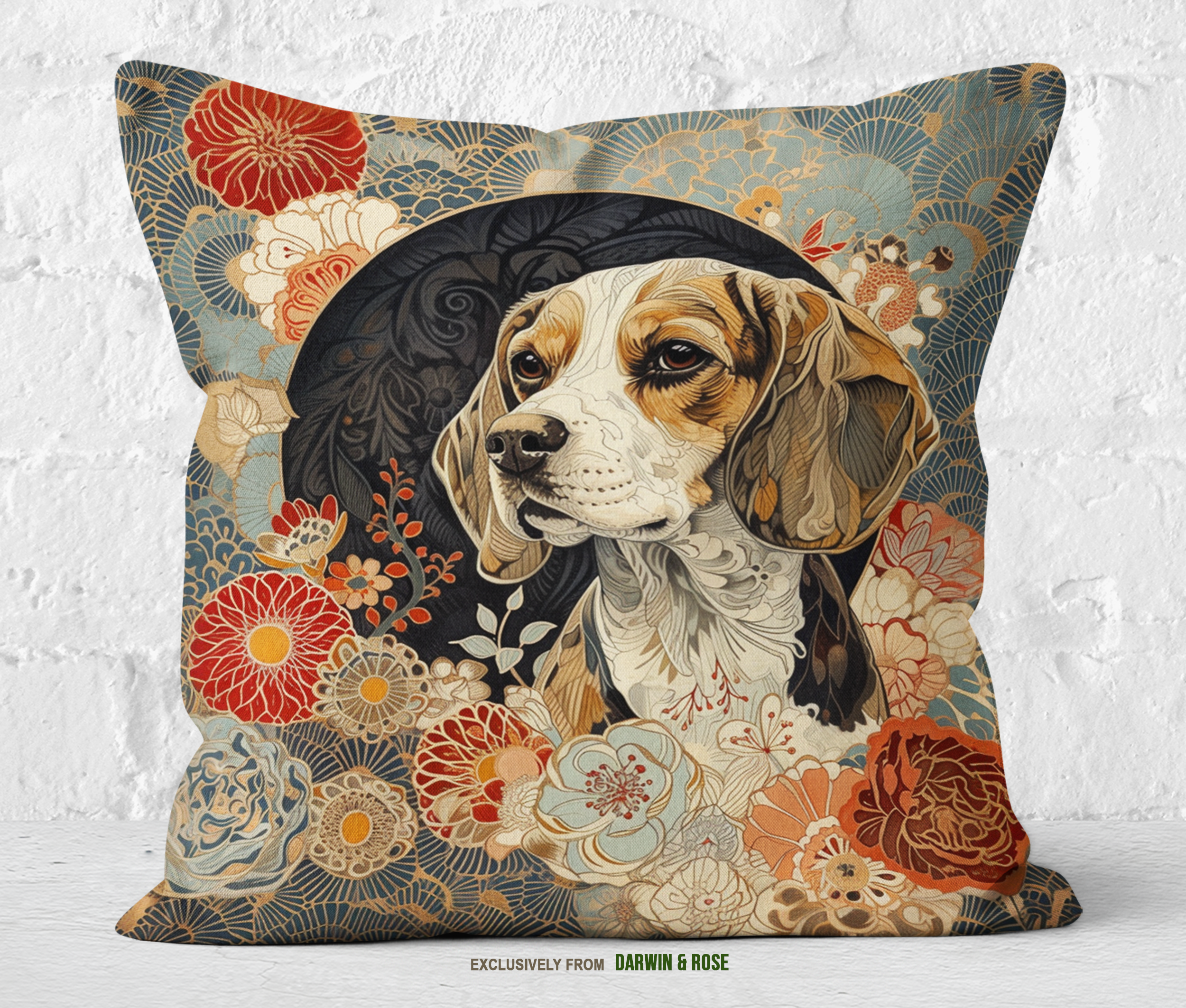 Floral Elegance Beagle Throw Pillow – Modern Boho Dog Lover Decor