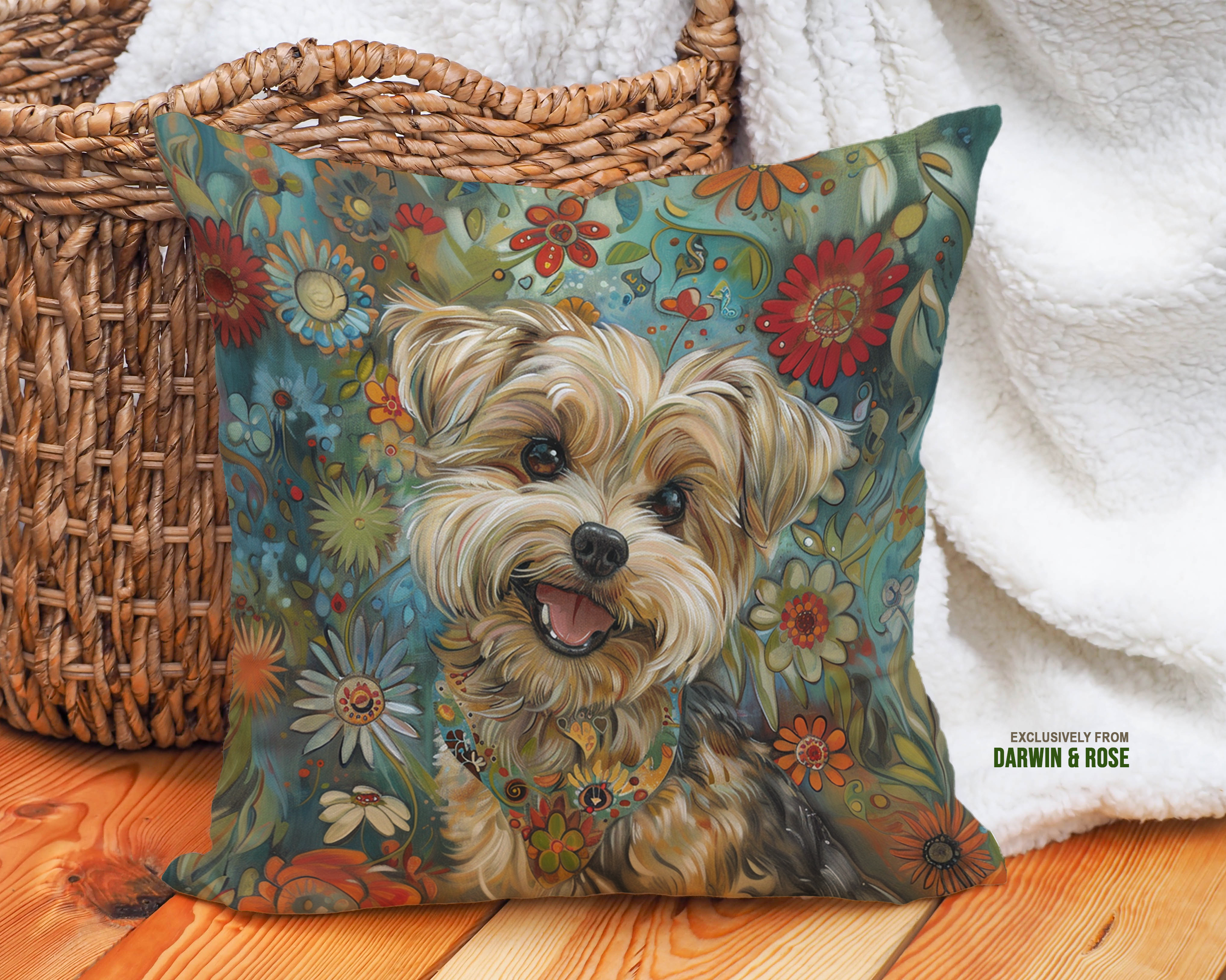 Yorkipoo Spring Blooms Throw Pillow – Whimsical Boho Decor for Dog Lovers