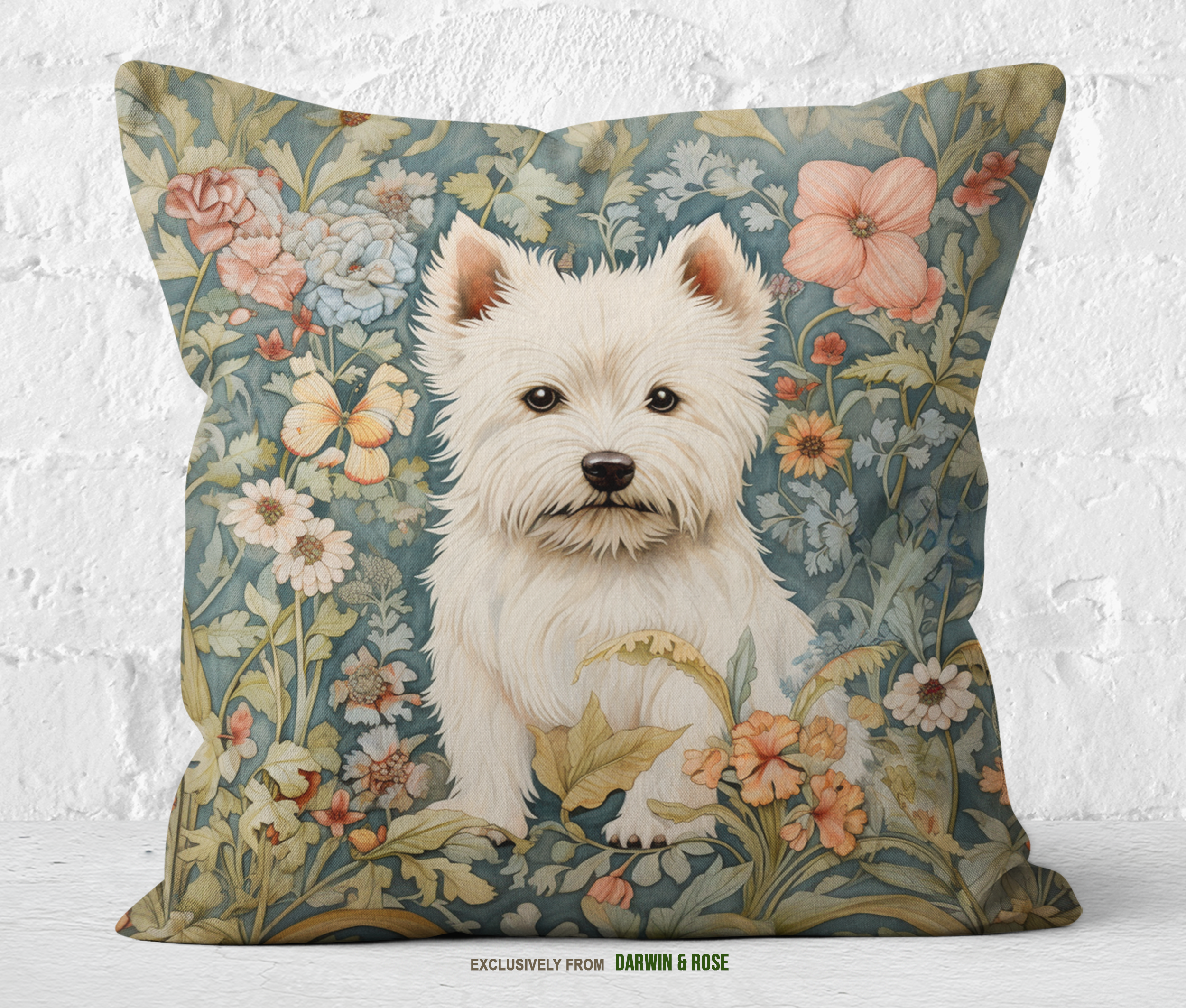 West Highland Bloom: Floral Throw Pillow Featuring a Westie