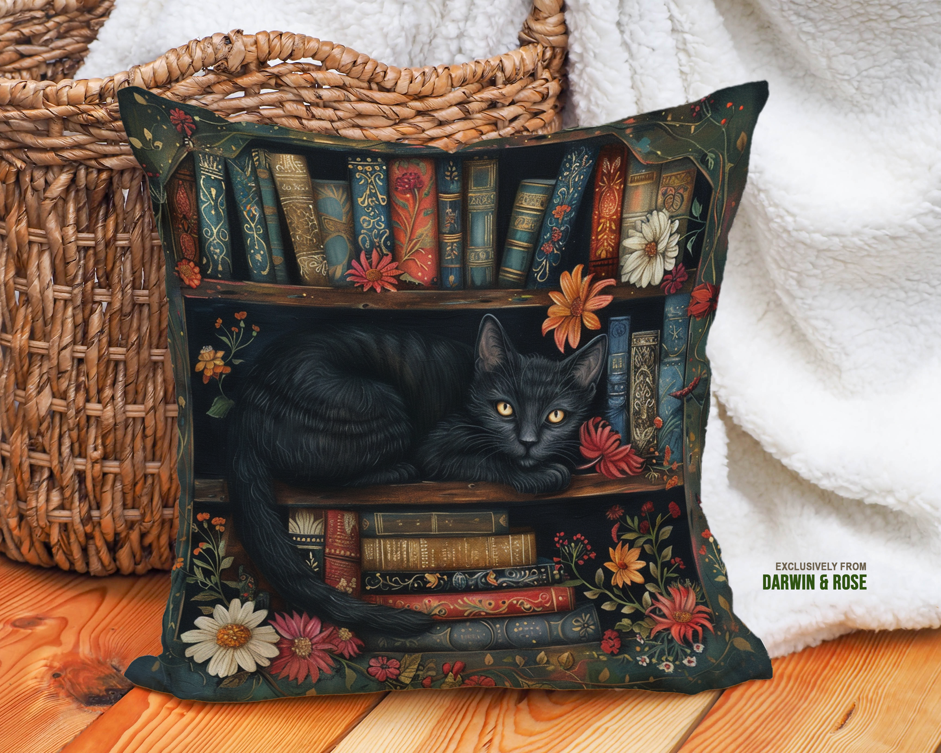 Black Cat in Floral Library - Boho Throw Pillow for Book Lovers