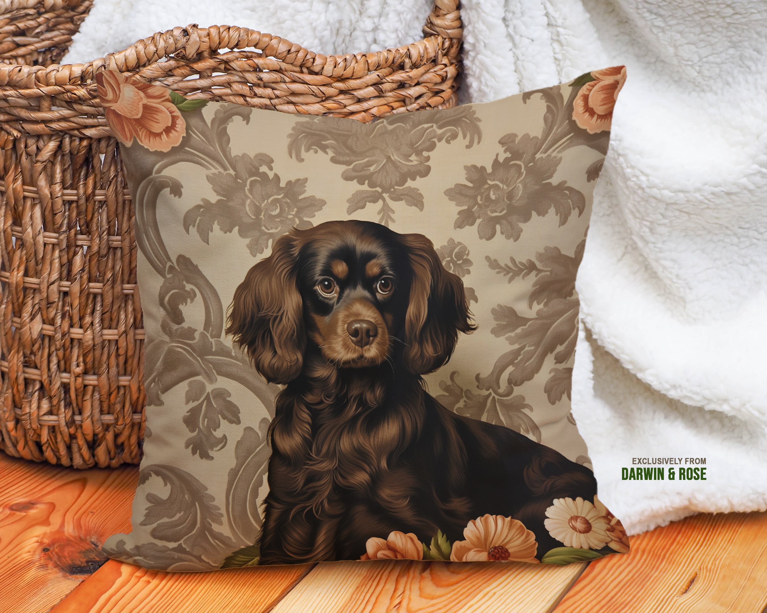 Chocolate Blossom Cavalier King Charles Spaniel Throw Pillow - Vintage Floral Design