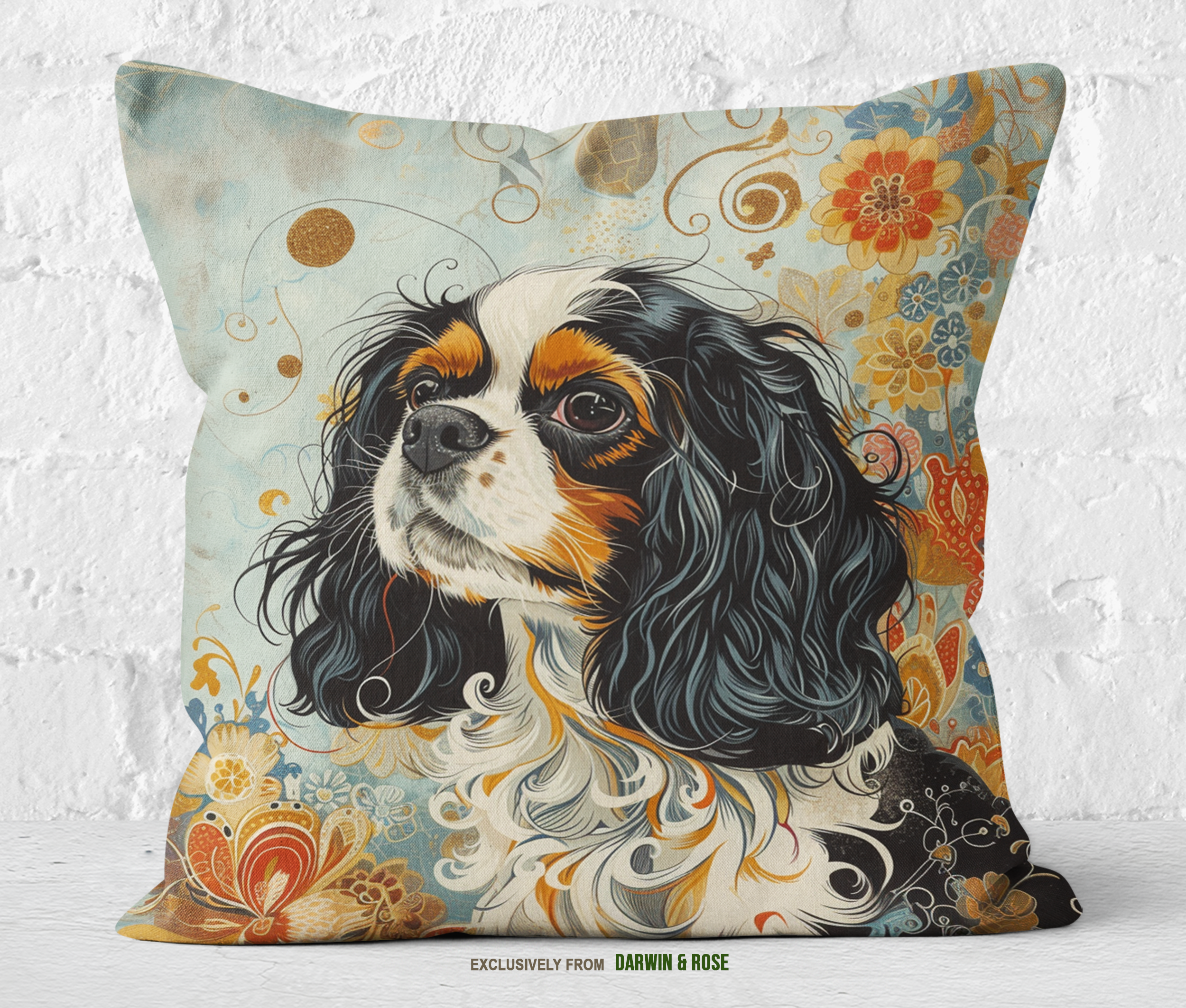Cavalier King Charles Spaniel Boho Floral Throw Pillow