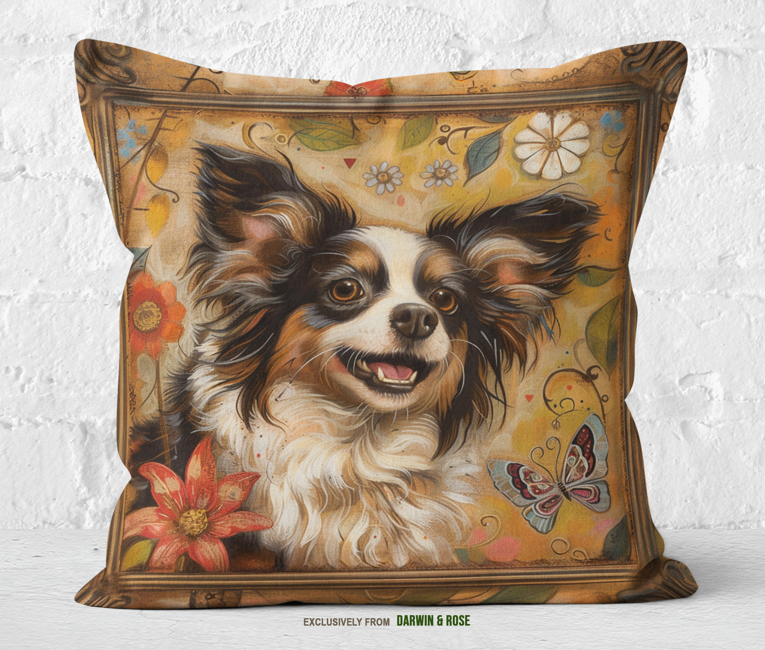 Papillon Dog Floral Boho Throw Pillow